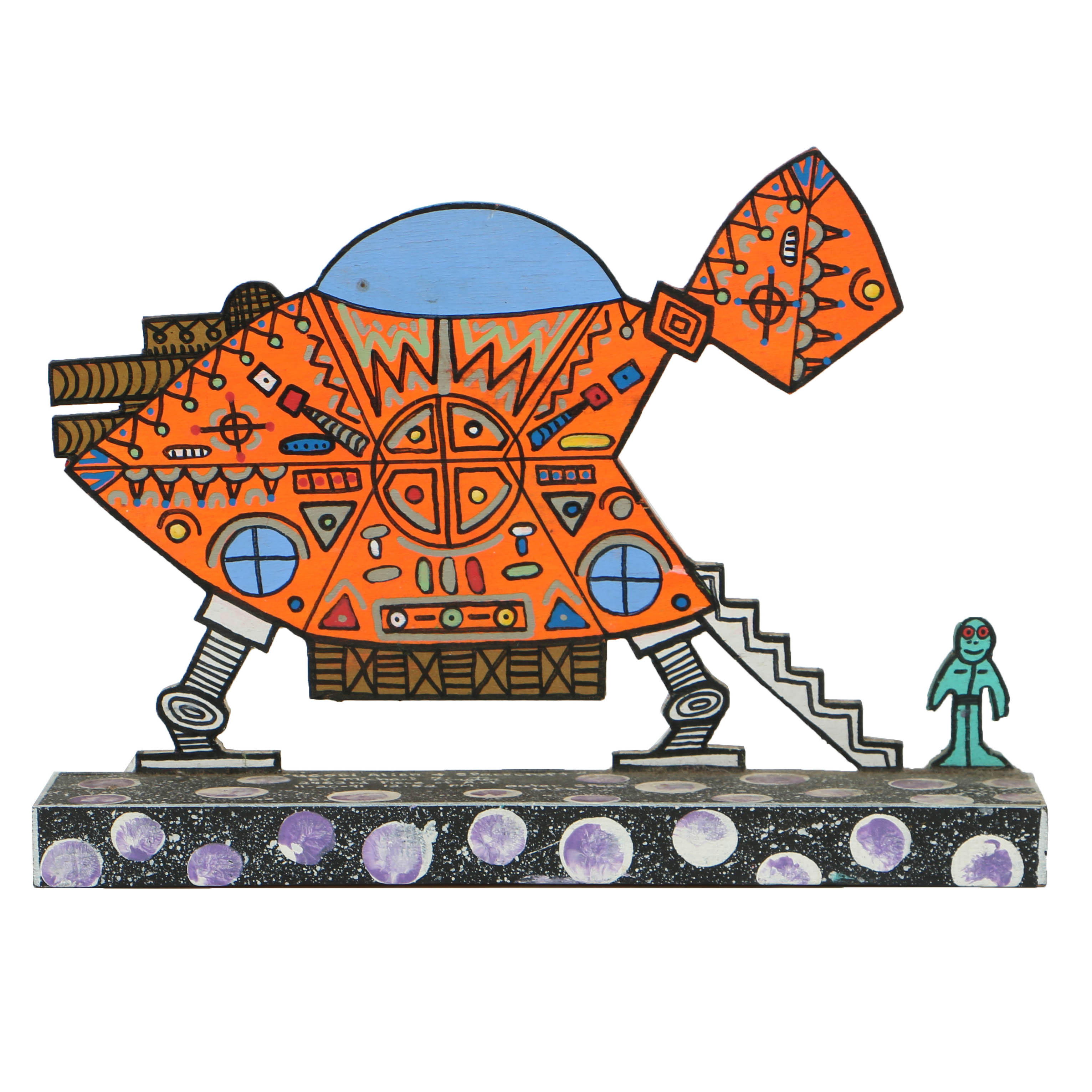 Michael Finster Oil Painting on Shaped Wood "Ugobi Alien + Spacecraft"