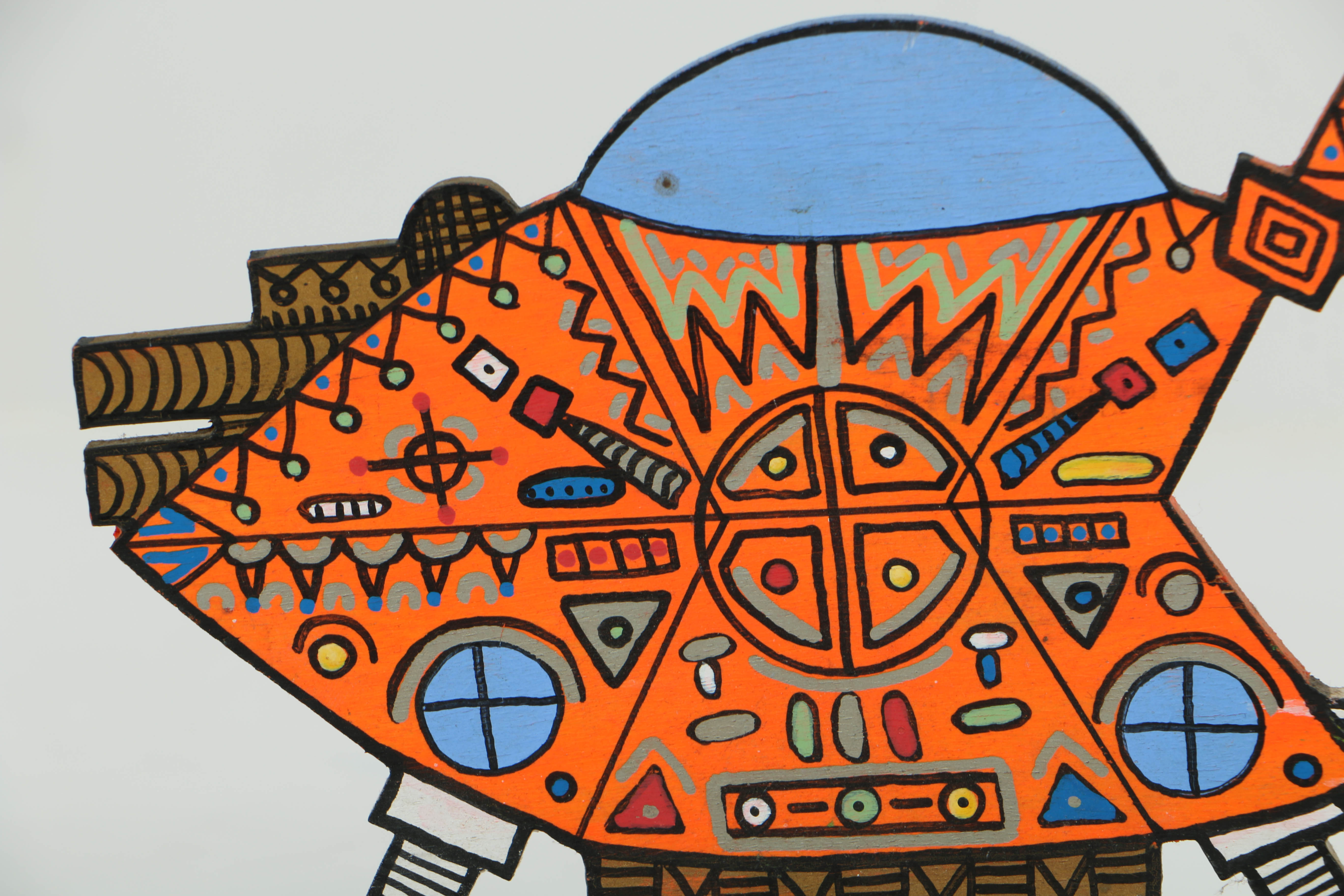 Michael Finster Oil Painting on Shaped Wood "Ugobi Alien + Spacecraft"