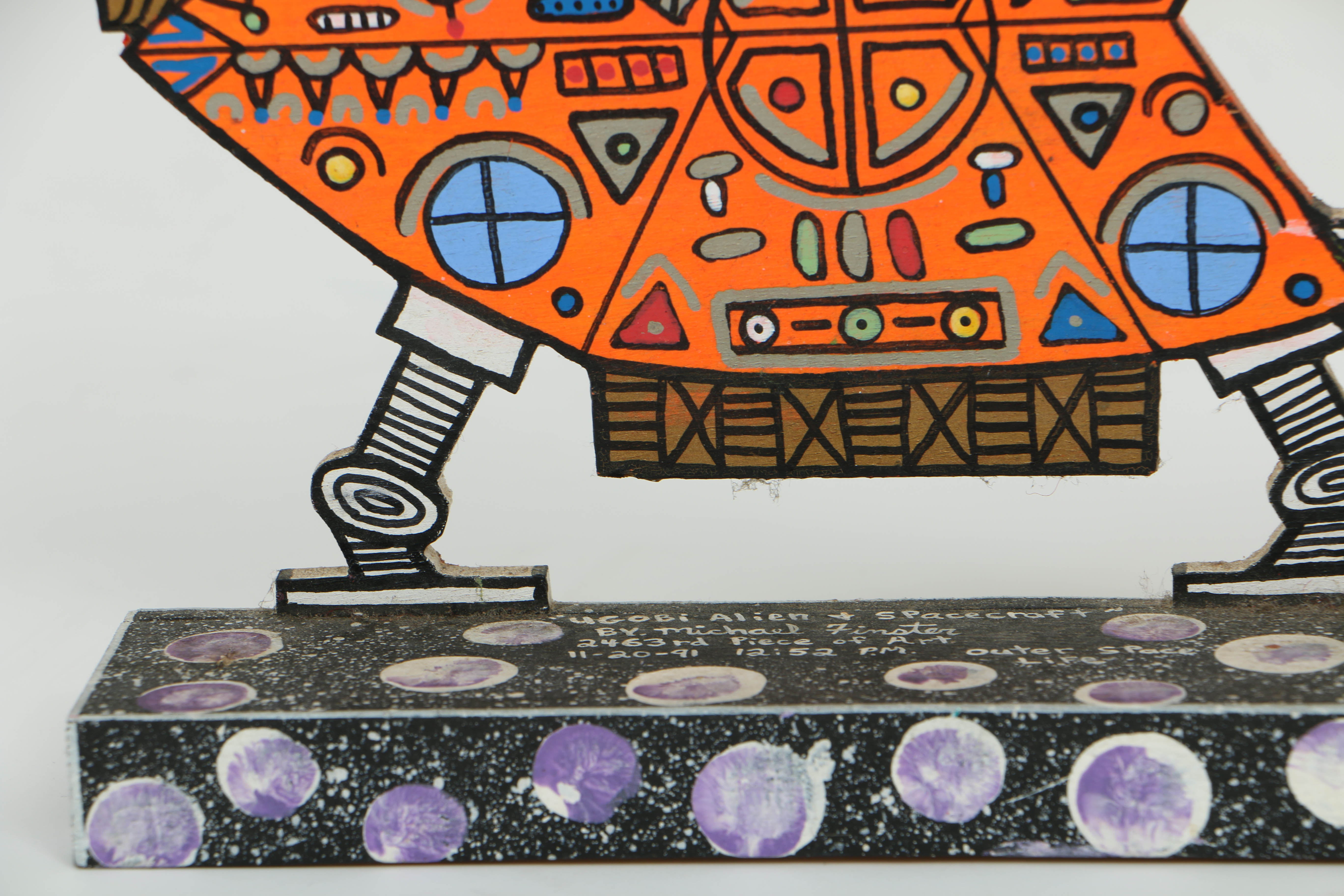 Michael Finster Oil Painting on Shaped Wood "Ugobi Alien + Spacecraft"