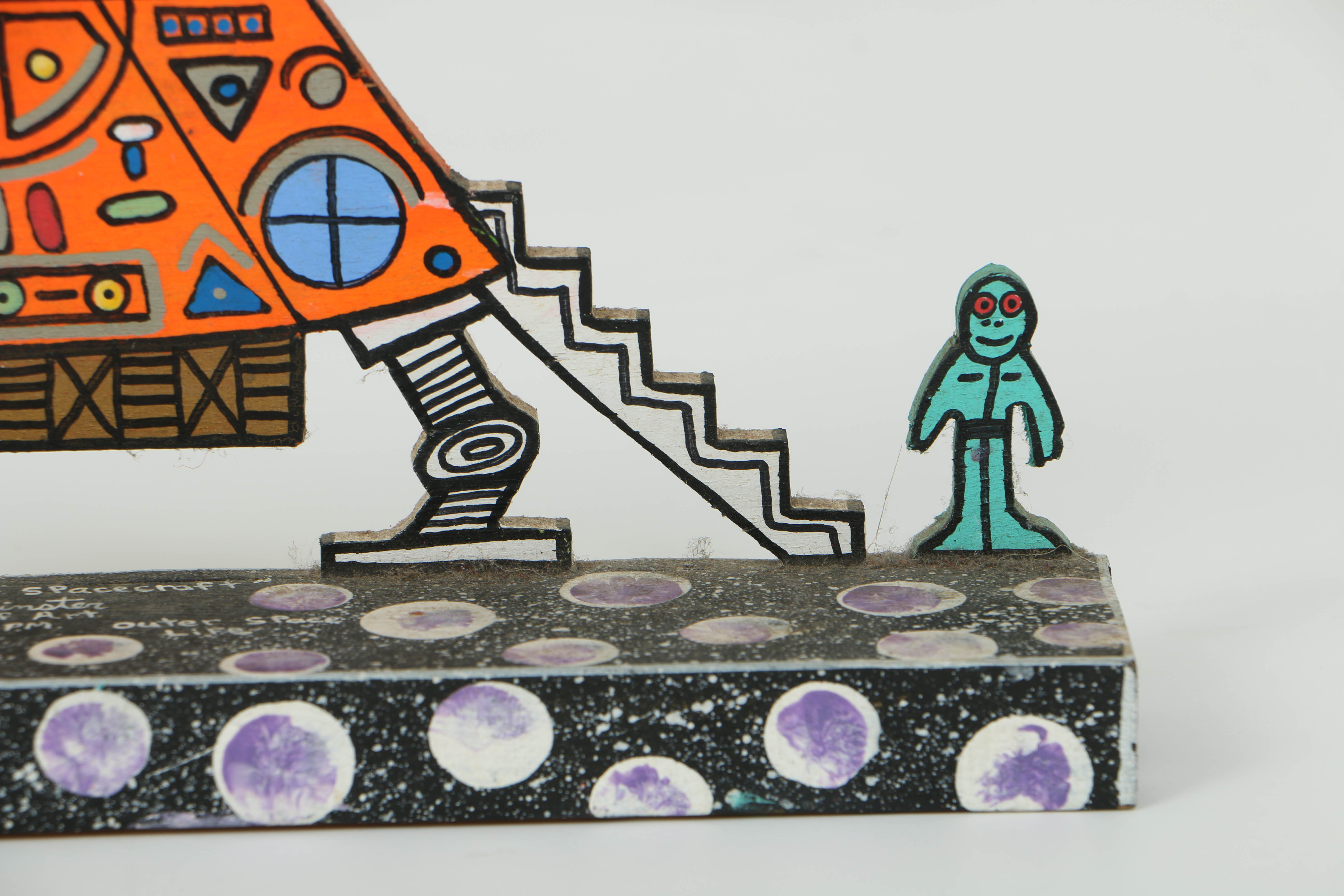 Michael Finster Oil Painting on Shaped Wood "Ugobi Alien + Spacecraft"
