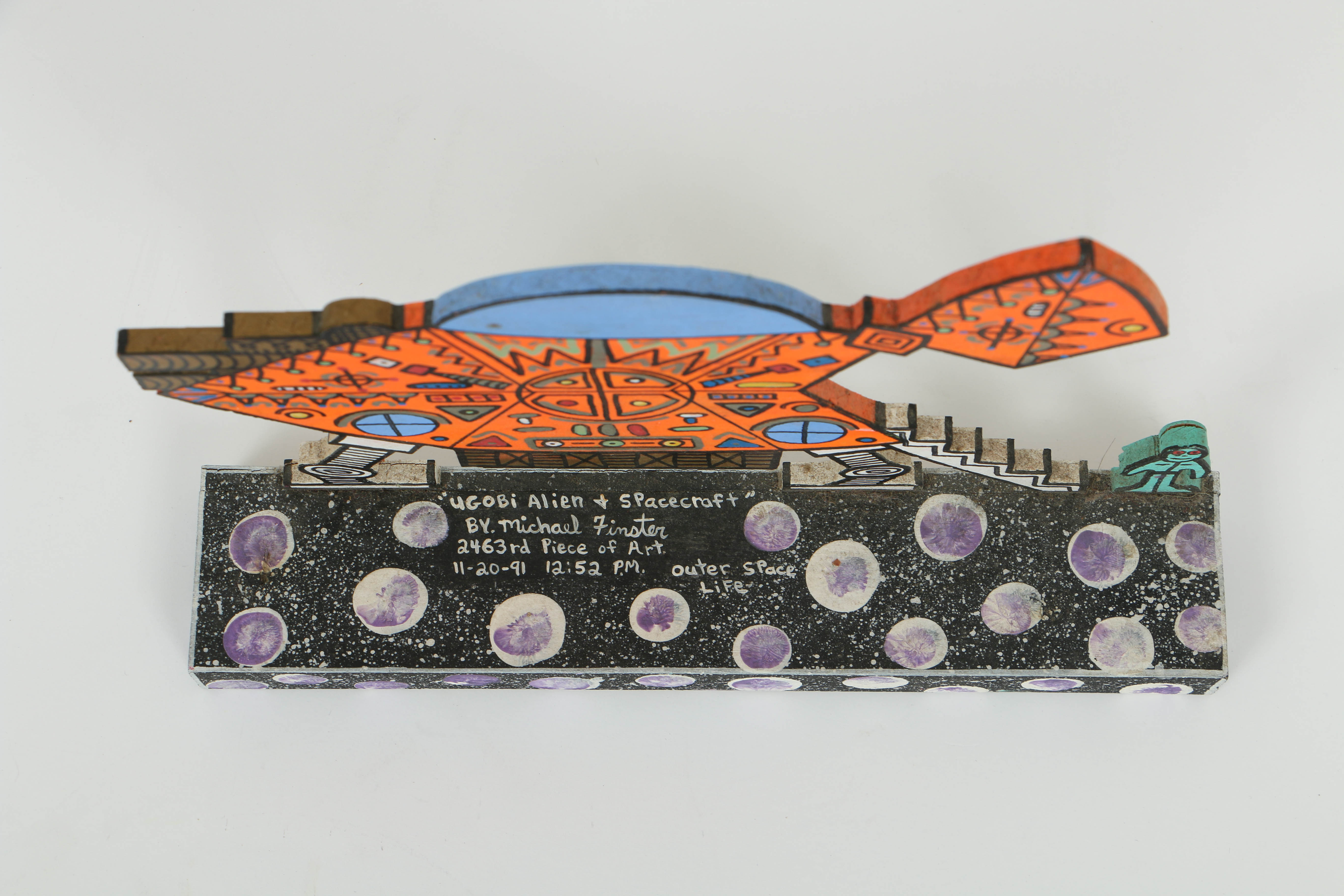 Michael Finster Oil Painting on Shaped Wood "Ugobi Alien + Spacecraft"