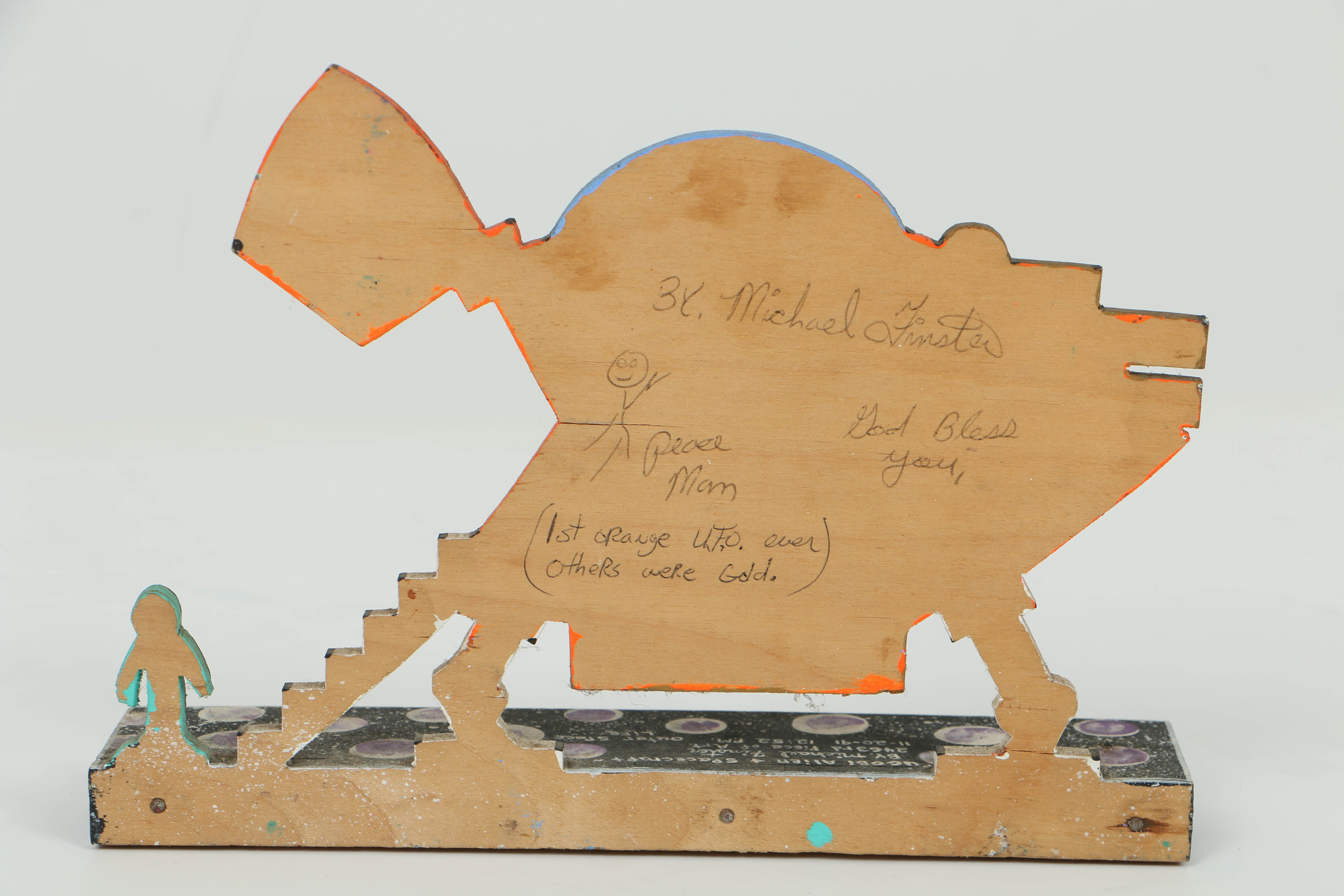 Michael Finster Oil Painting on Shaped Wood "Ugobi Alien + Spacecraft"