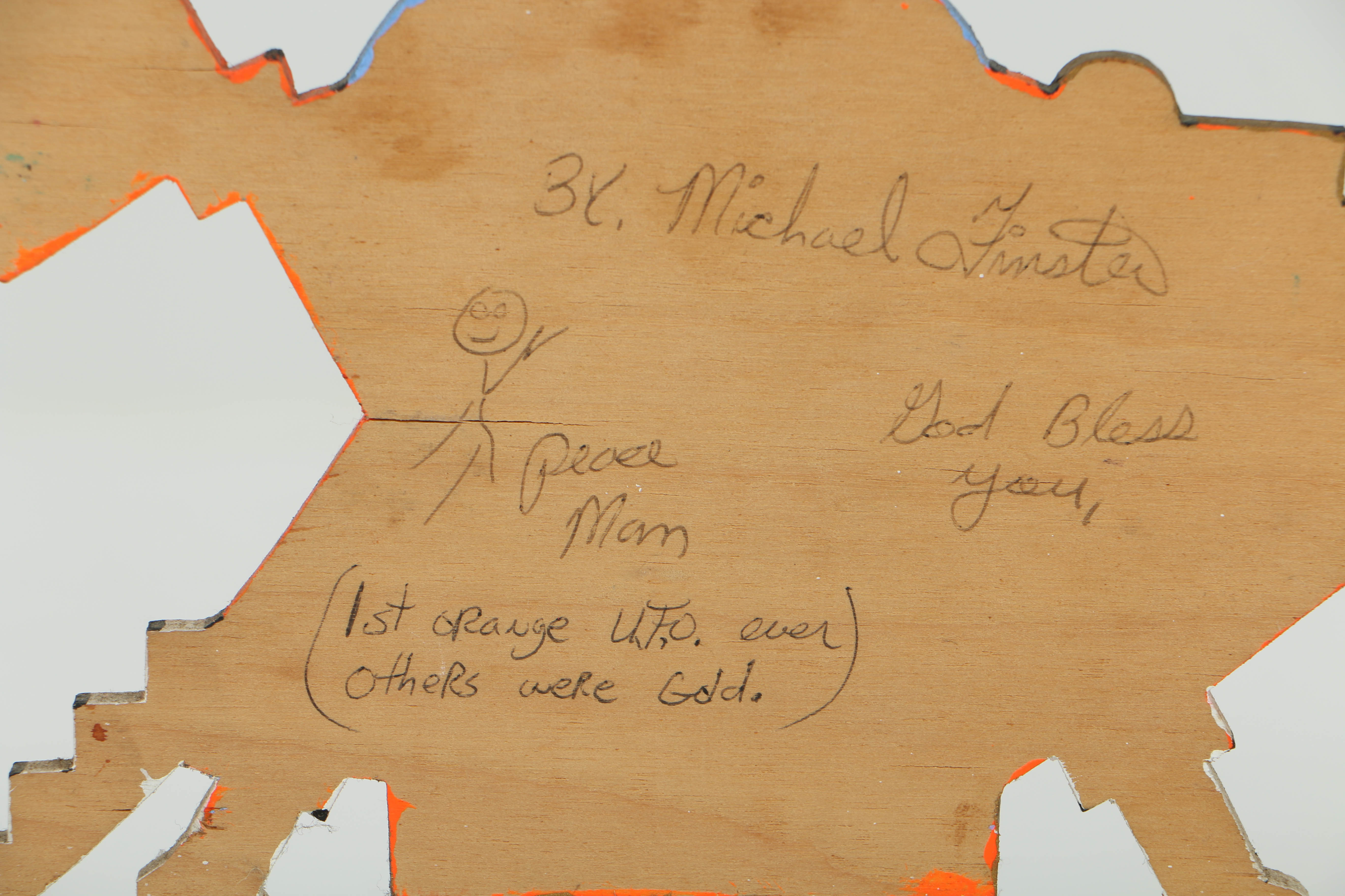 Michael Finster Oil Painting on Shaped Wood "Ugobi Alien + Spacecraft"