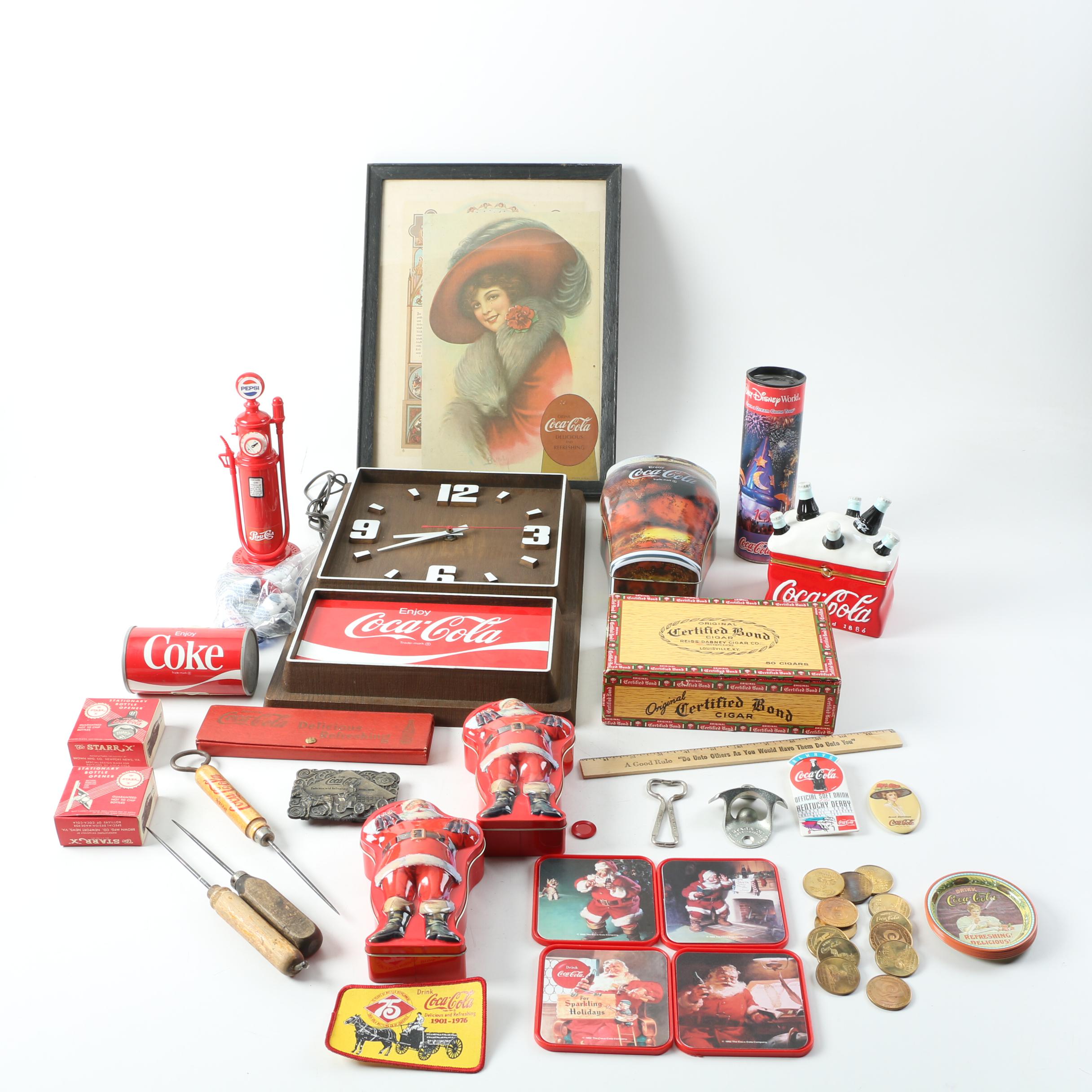 Coca-Cola Clock, Posters, Tokens and Other Assorted Collectibles Cigar Box
