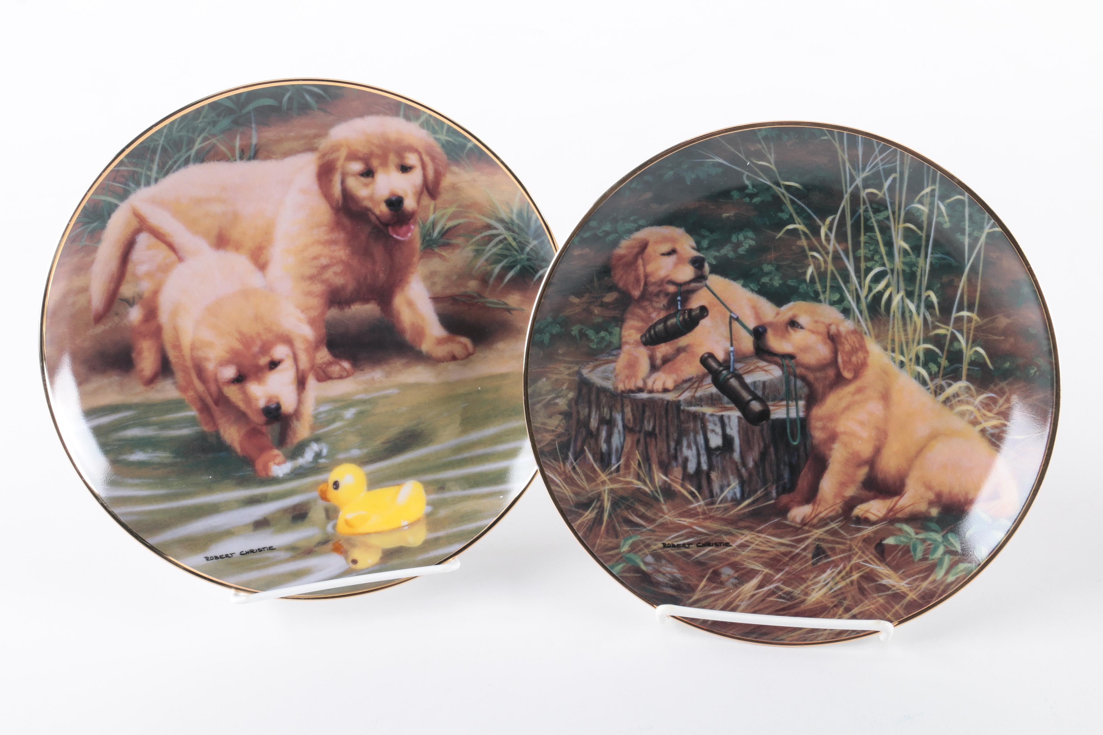 Robert Christie for Franklin Mint Collectible Porcelain Plates Featuring Puppies