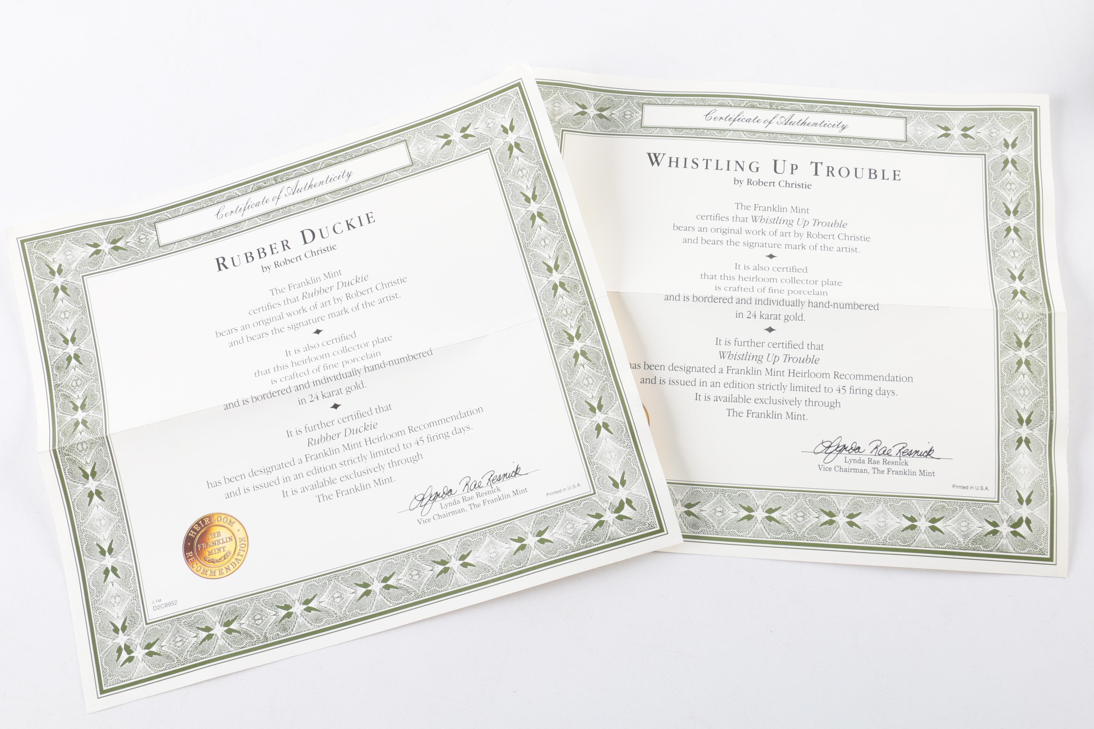 Robert Christie for Franklin Mint Collectible Porcelain Plates Featuring Puppies