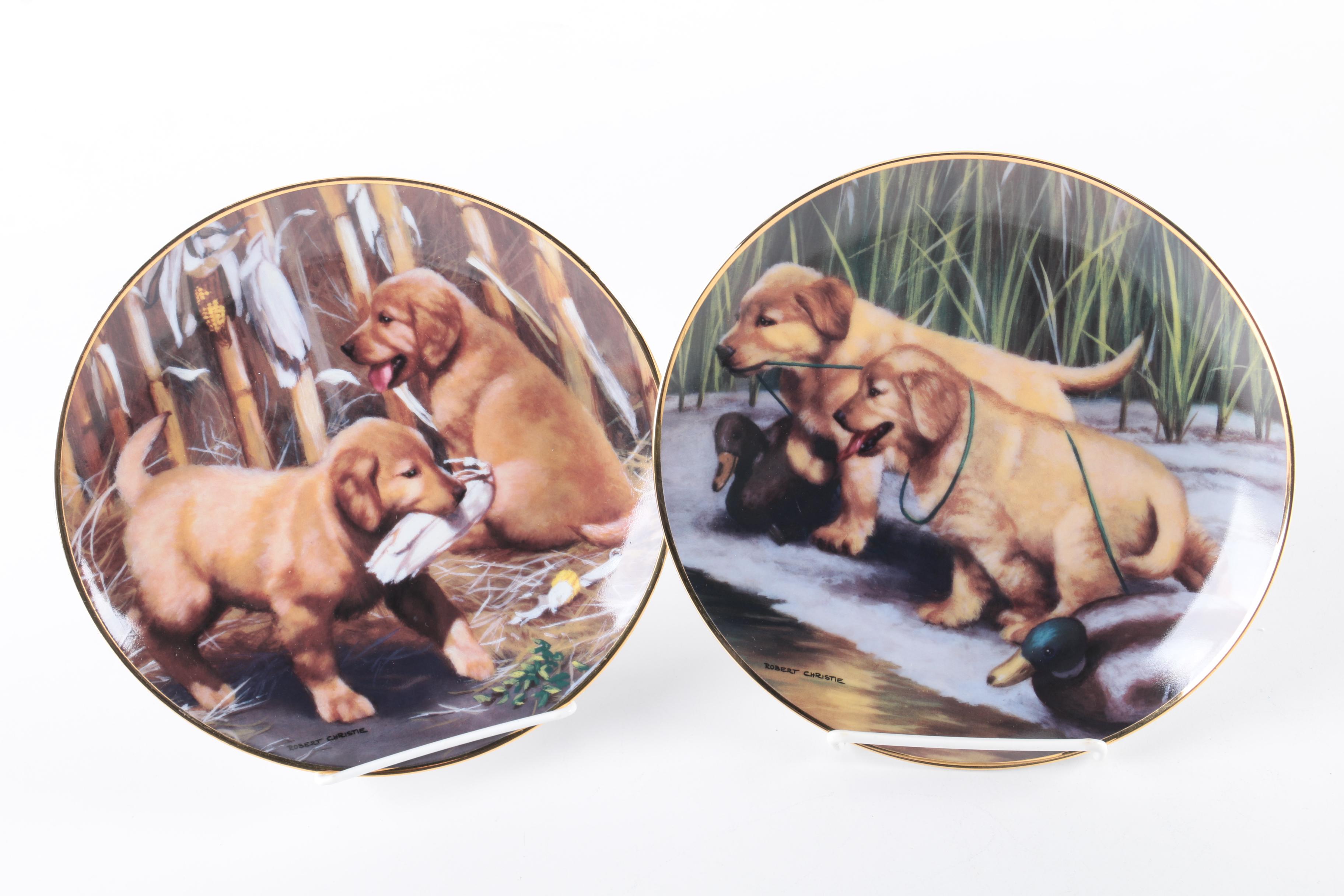 Robert Christie for Franklin Mint Collectible Porcelain Plates Featuring Puppies