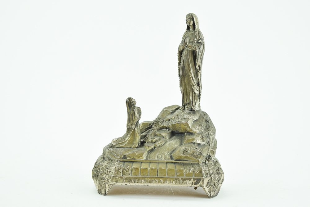 Vintage L' Apparition N.D. Lourdes French Cast Metal Music Box