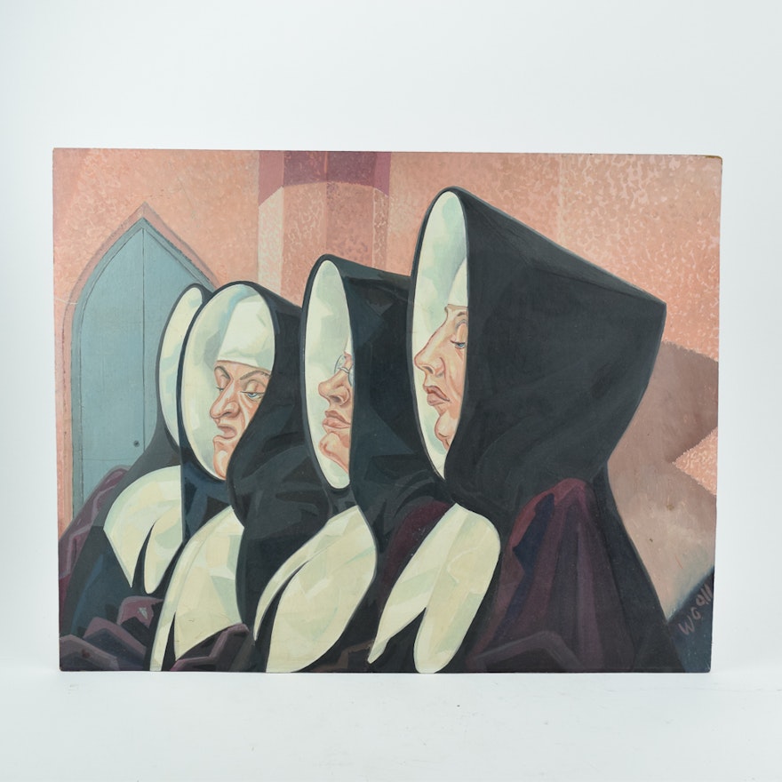 Acrylic Painting on Panel of Nuns