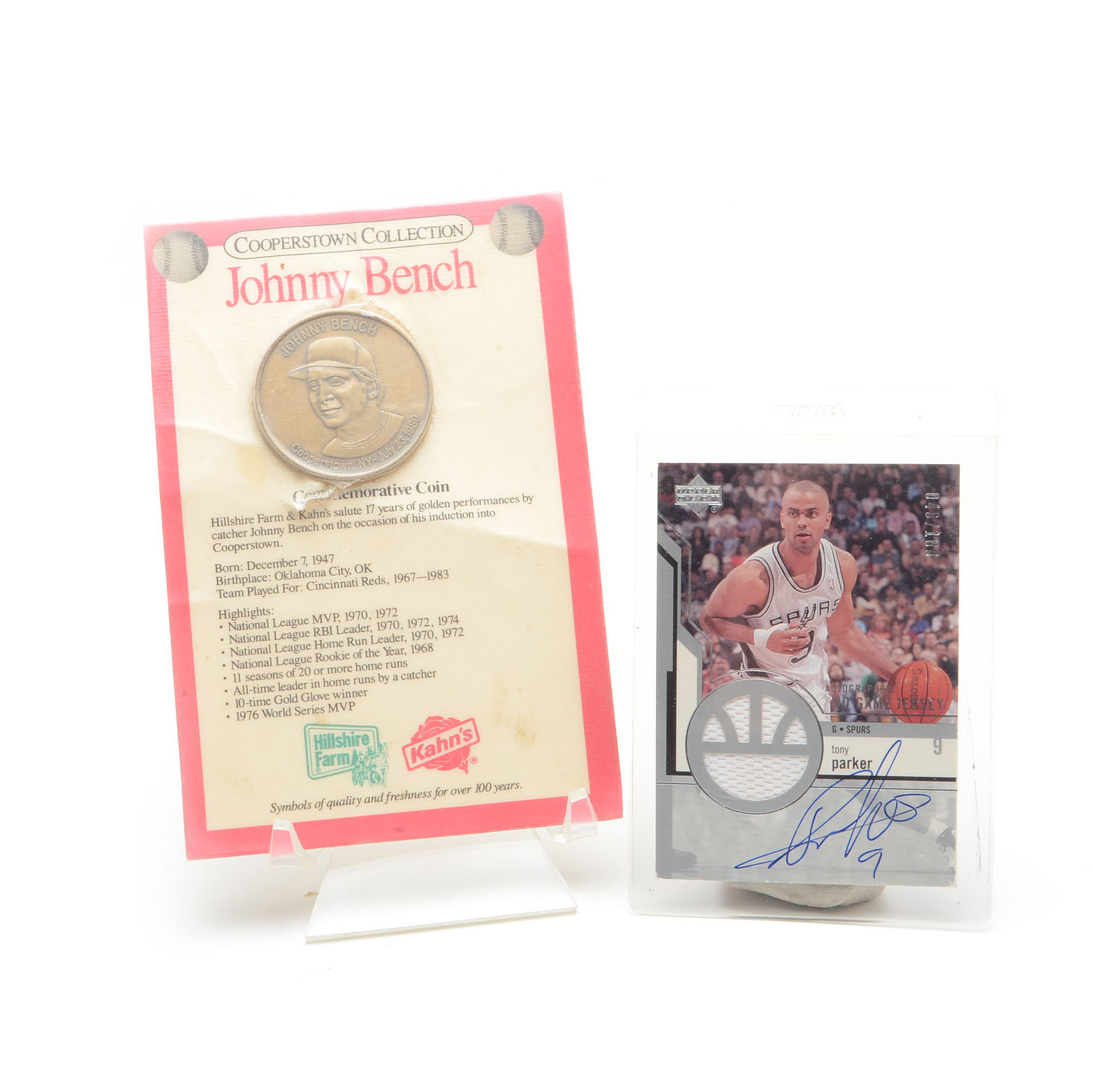2003 Tony Parker Spurs Certified Signed 46/100 Upper Deck Card with Bench Coin