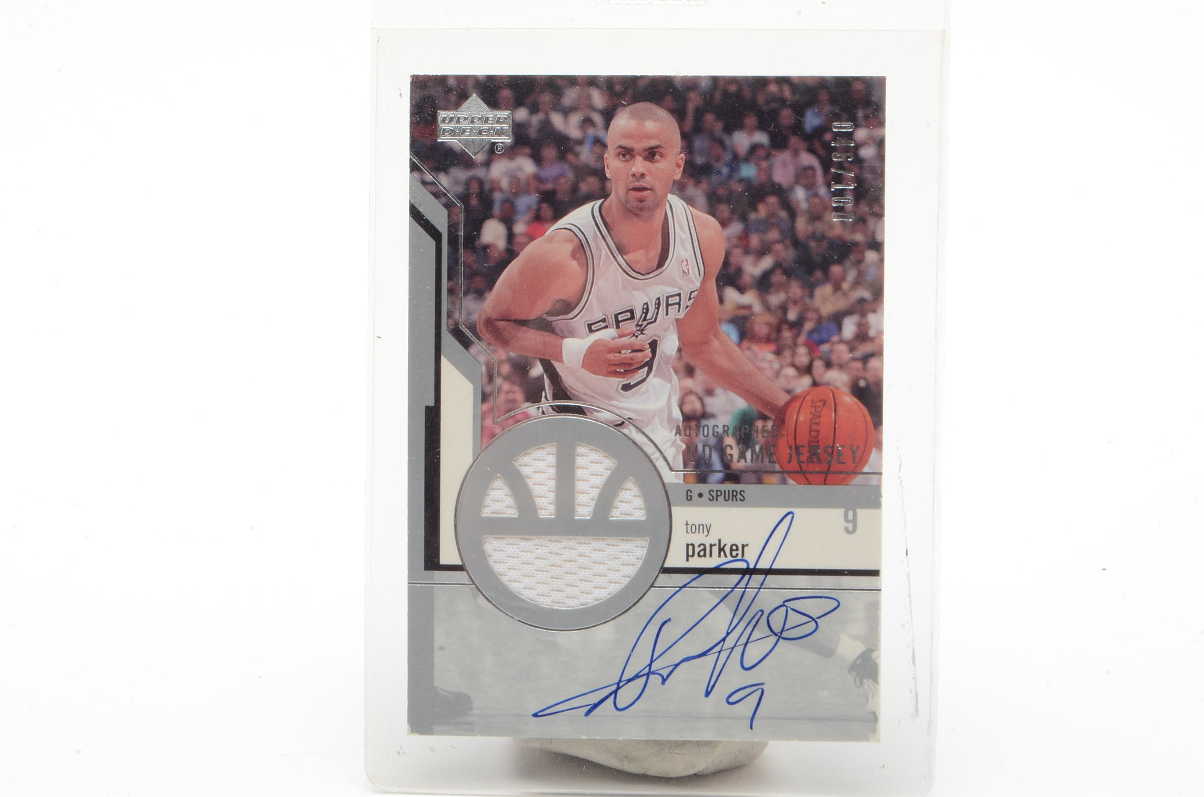 2003 Tony Parker Spurs Certified Signed 46/100 Upper Deck Card with Bench Coin