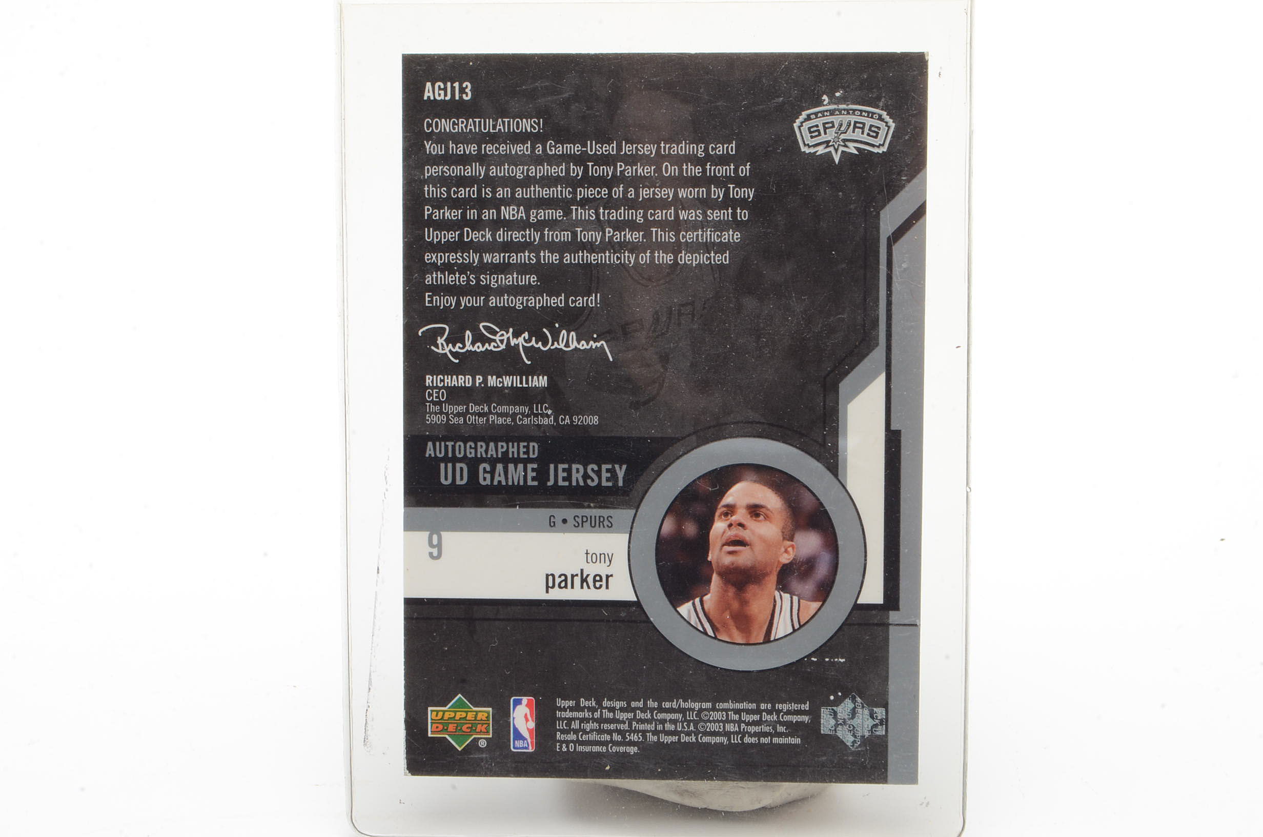 2003 Tony Parker Spurs Certified Signed 46/100 Upper Deck Card with Bench Coin