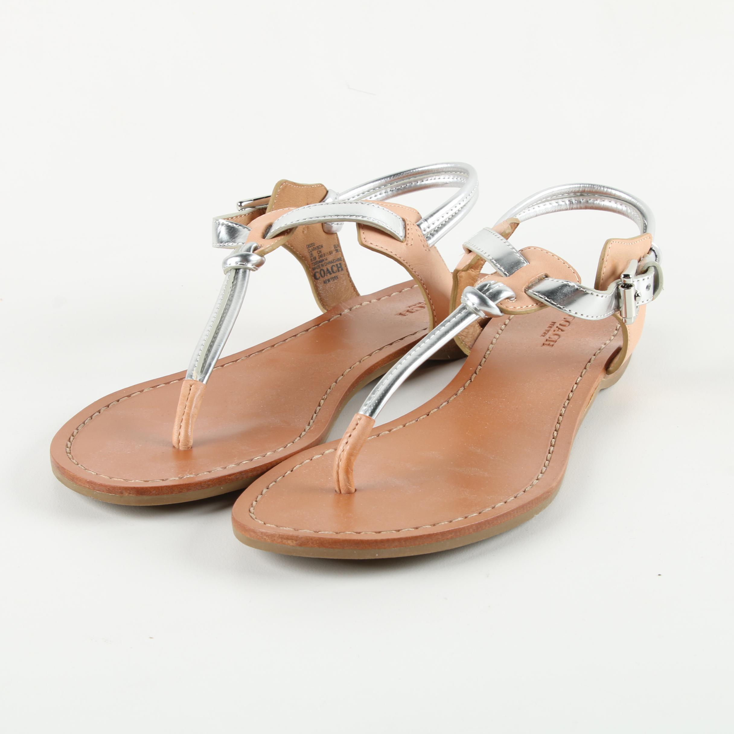 Coach Clarkson Silver Tone and Tan Leather Sandals