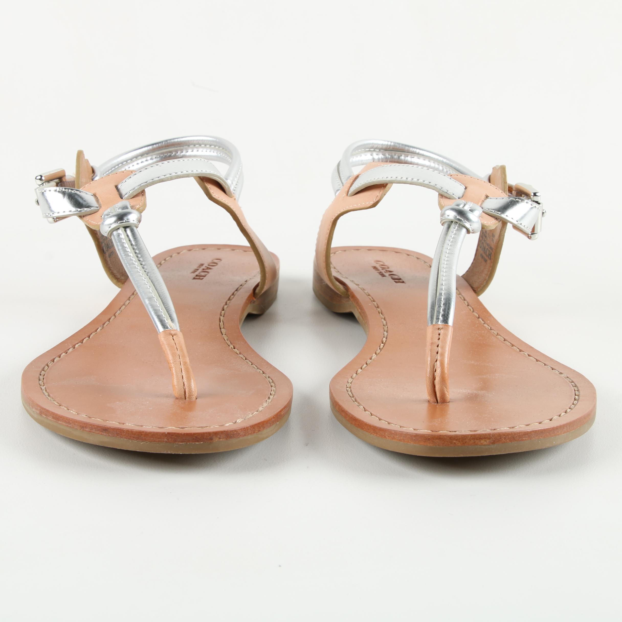 Coach Clarkson Silver Tone and Tan Leather Sandals