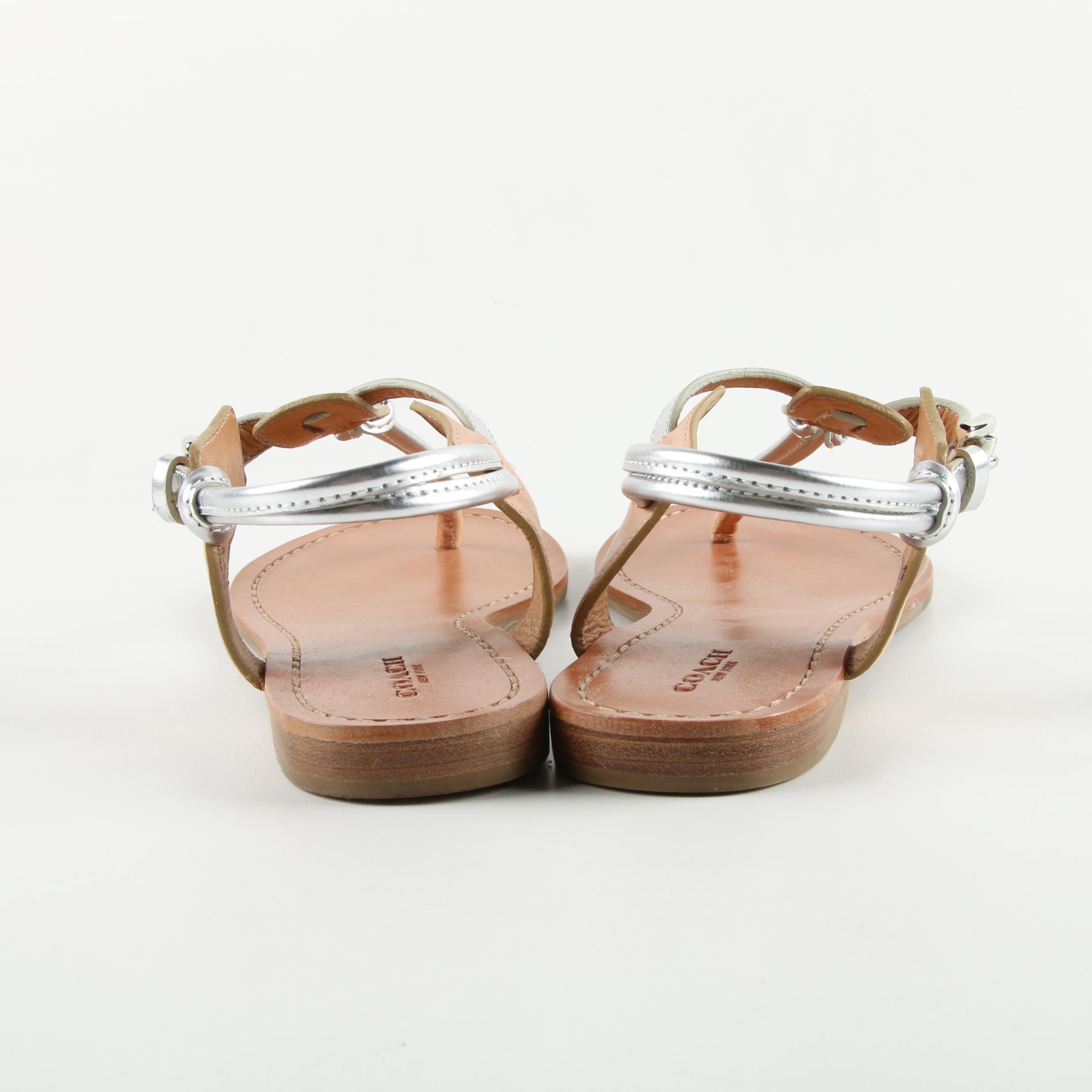 Coach Clarkson Silver Tone and Tan Leather Sandals