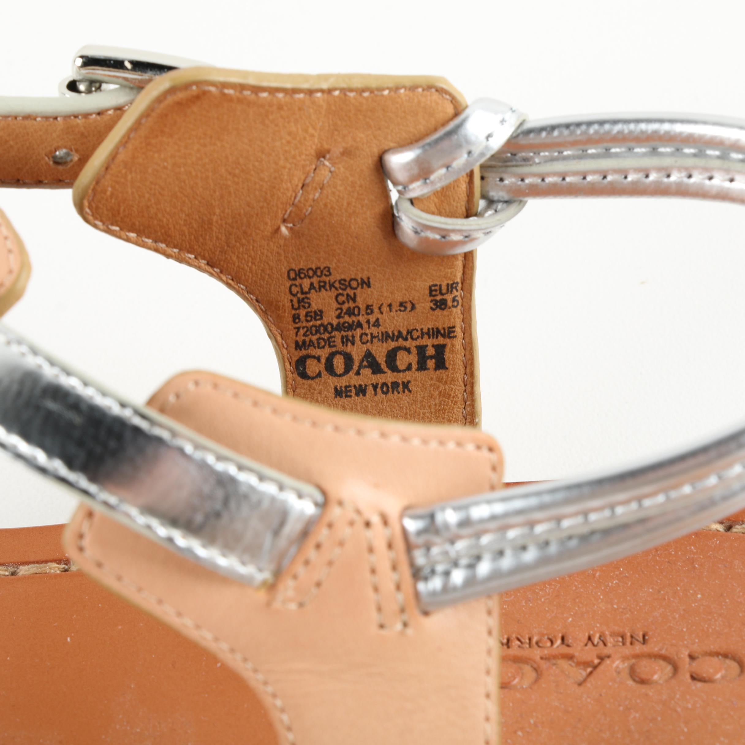 Coach Clarkson Silver Tone and Tan Leather Sandals
