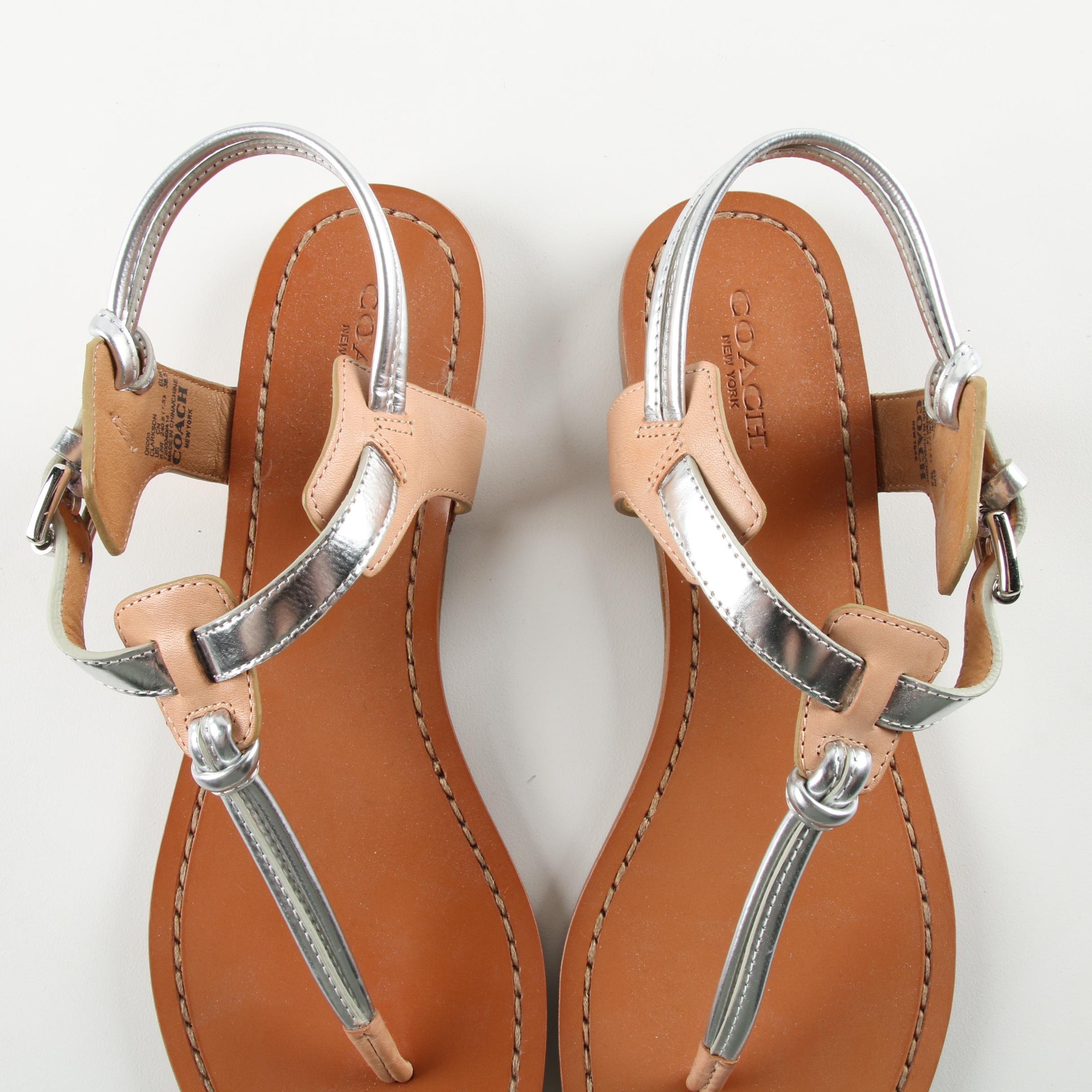 Coach Clarkson Silver Tone and Tan Leather Sandals