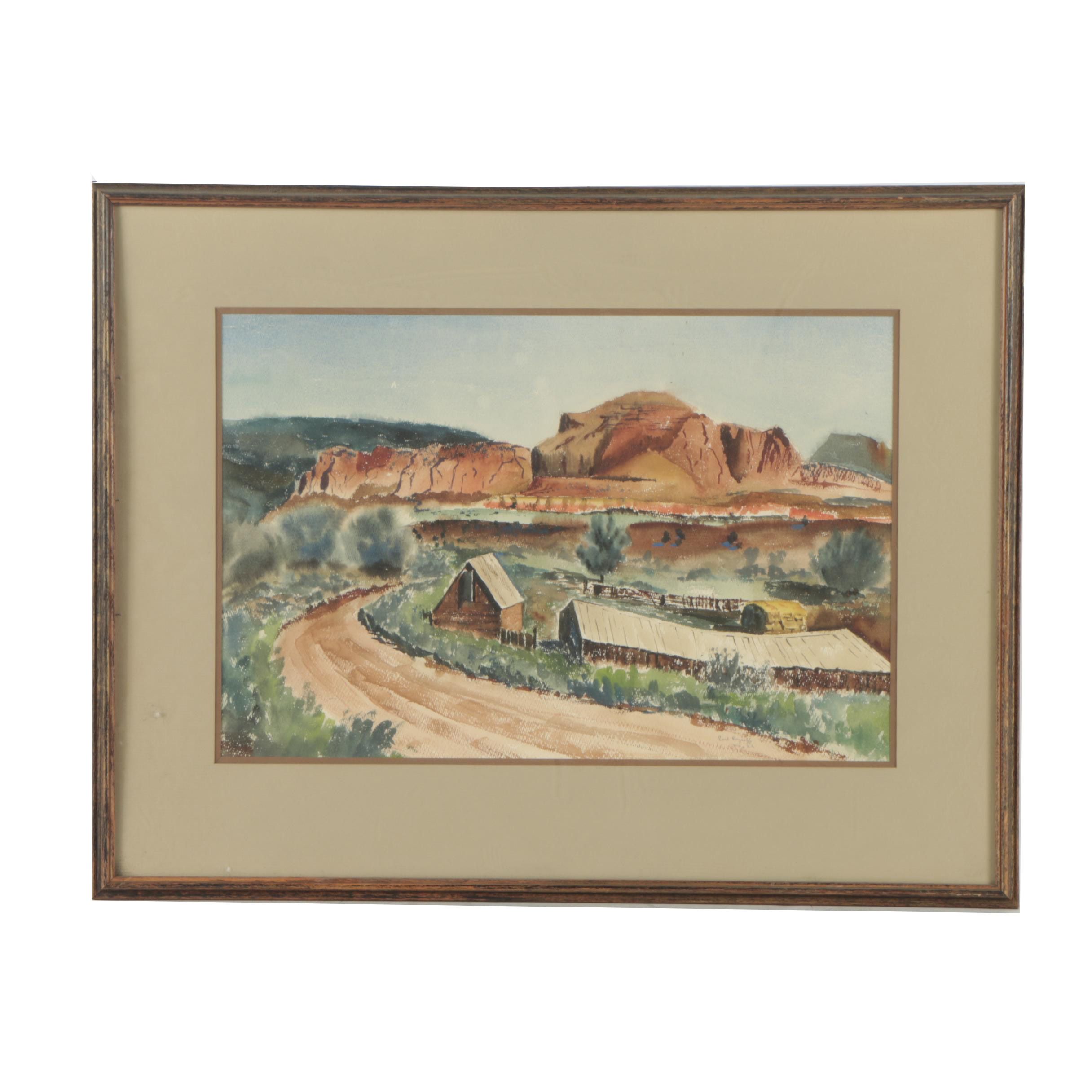 1962 Watercolor Painting of Ranch Estate