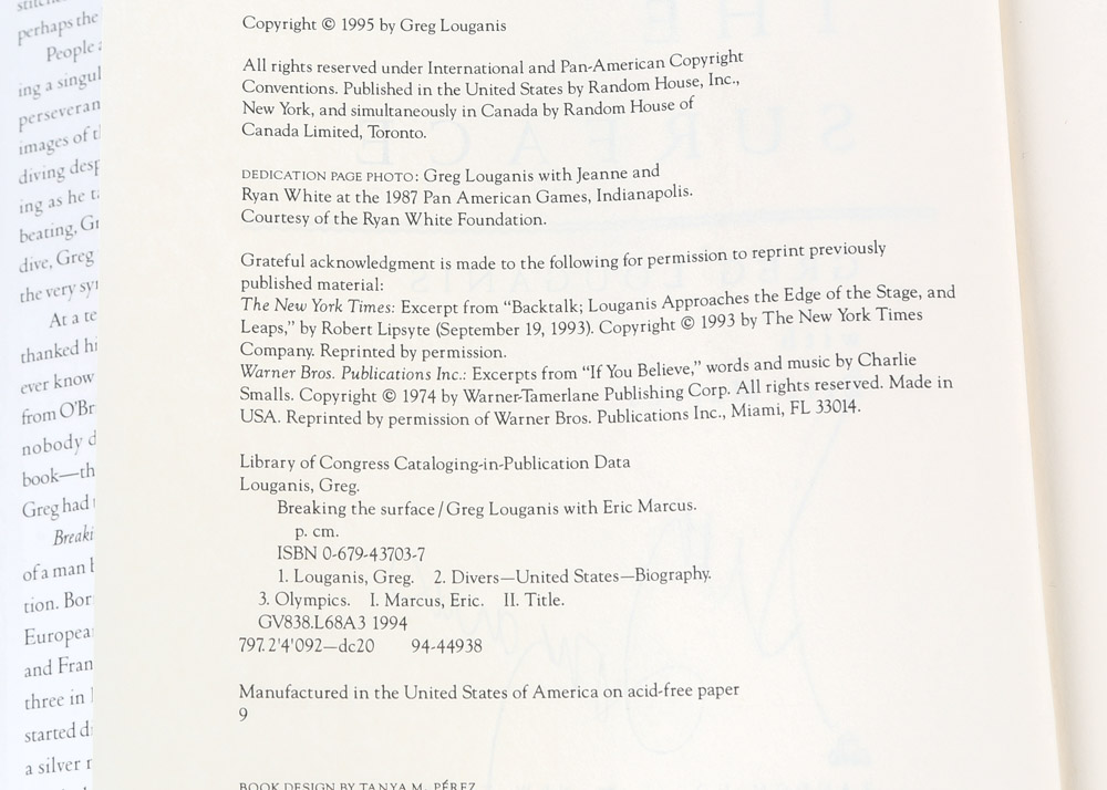 Signed Greg Louganis Autobiography "Breaking the Surface"