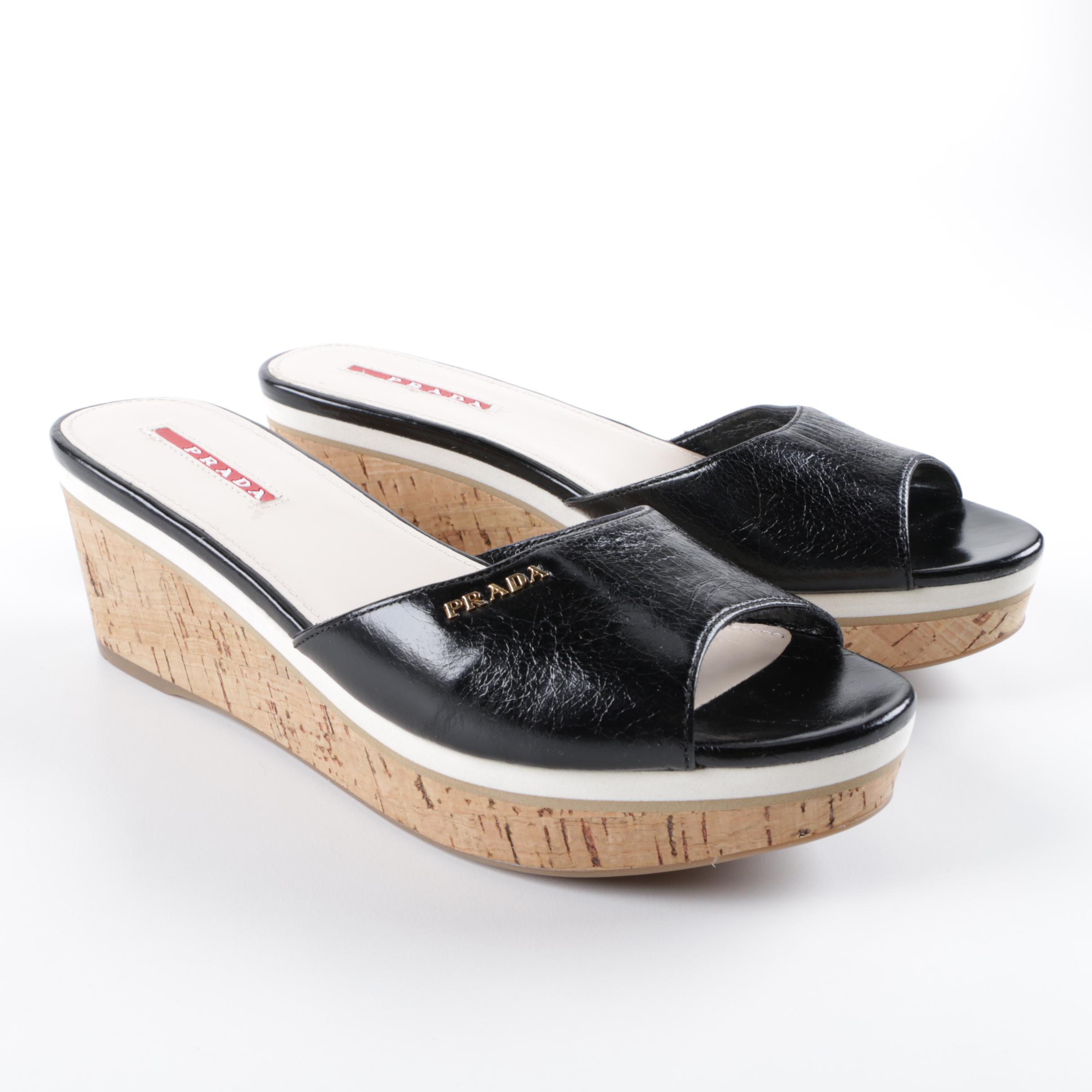 Prada Black Leather and Cork Wedge Slides