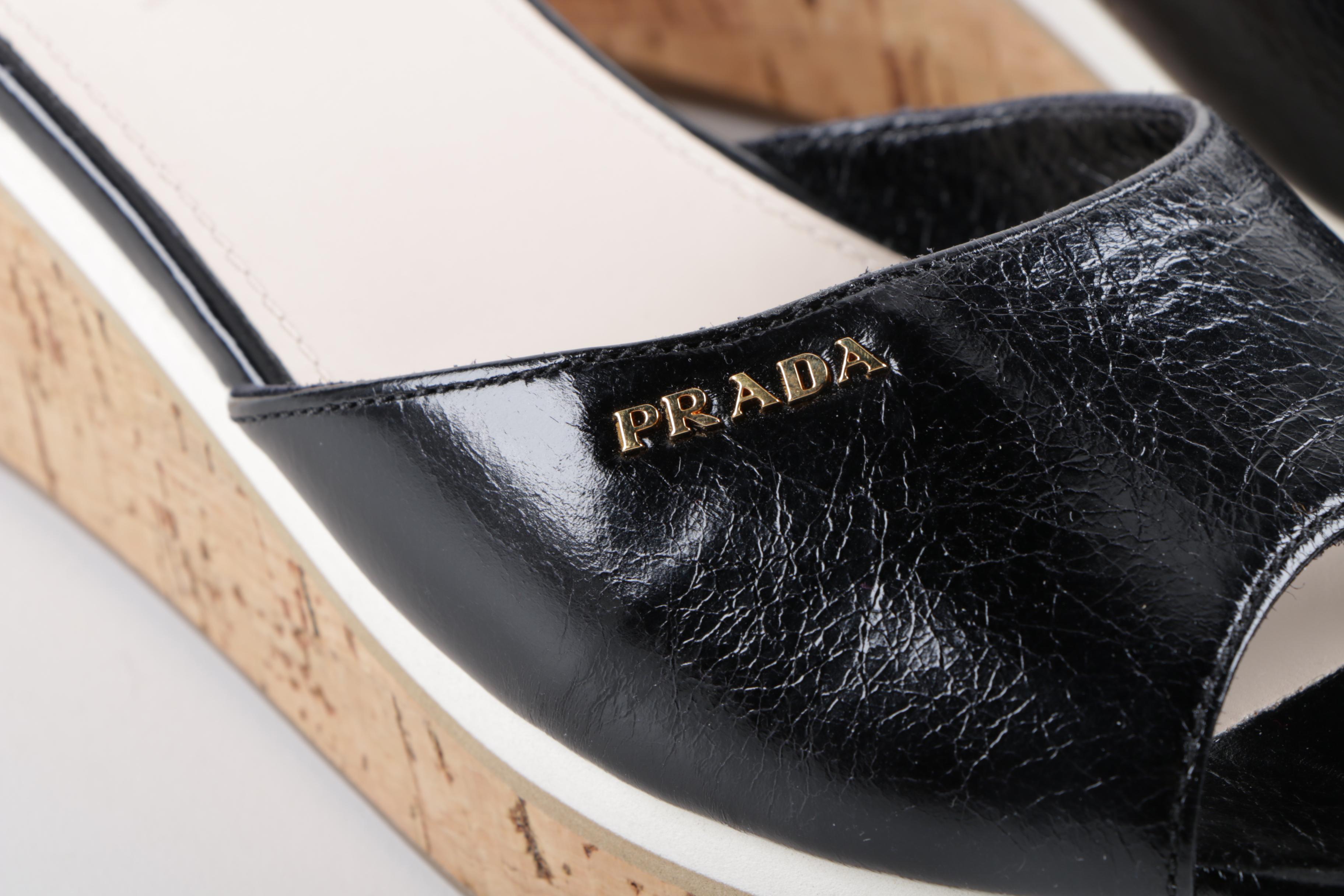 Prada Black Leather and Cork Wedge Slides