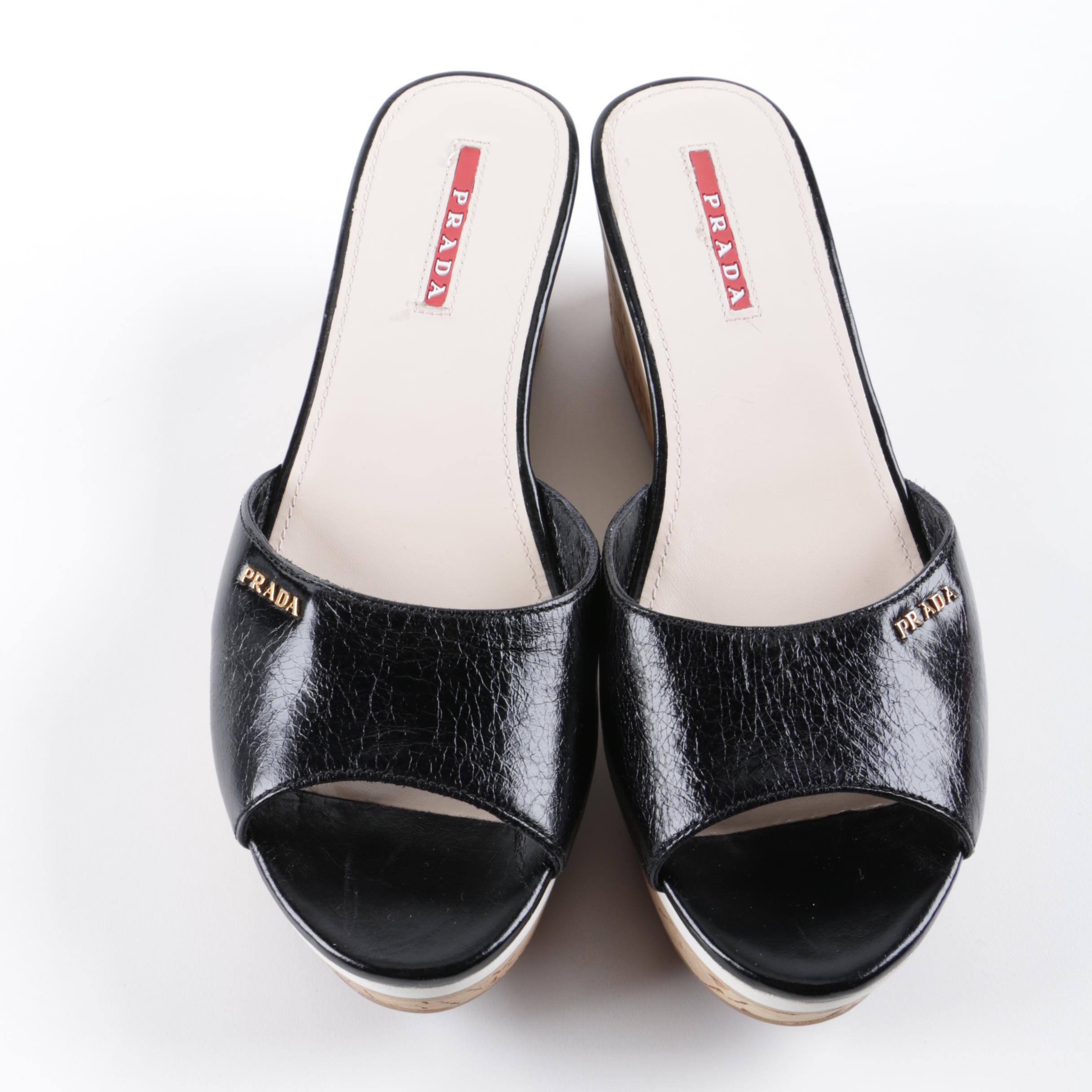Prada Black Leather and Cork Wedge Slides