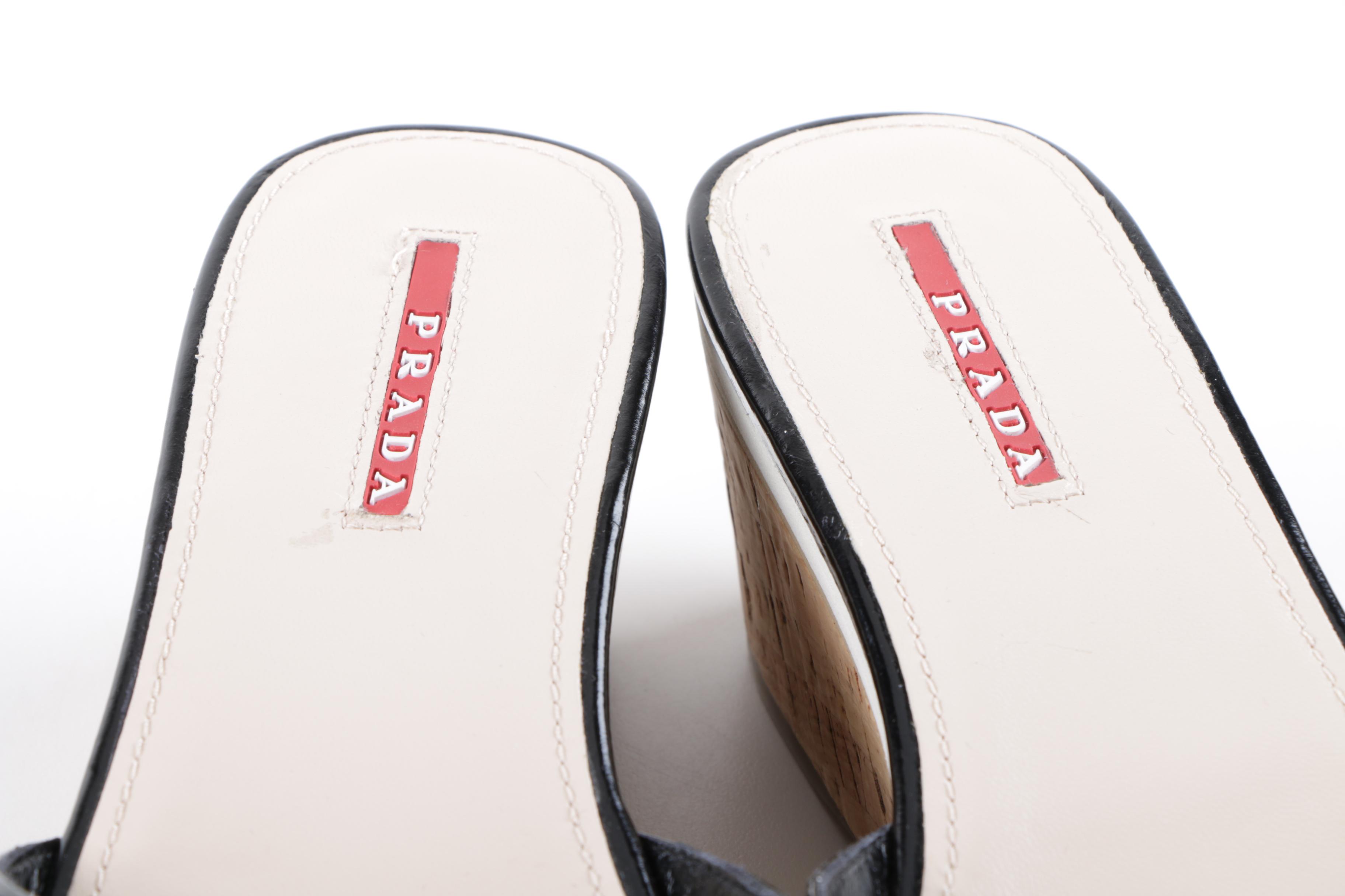 Prada Black Leather and Cork Wedge Slides