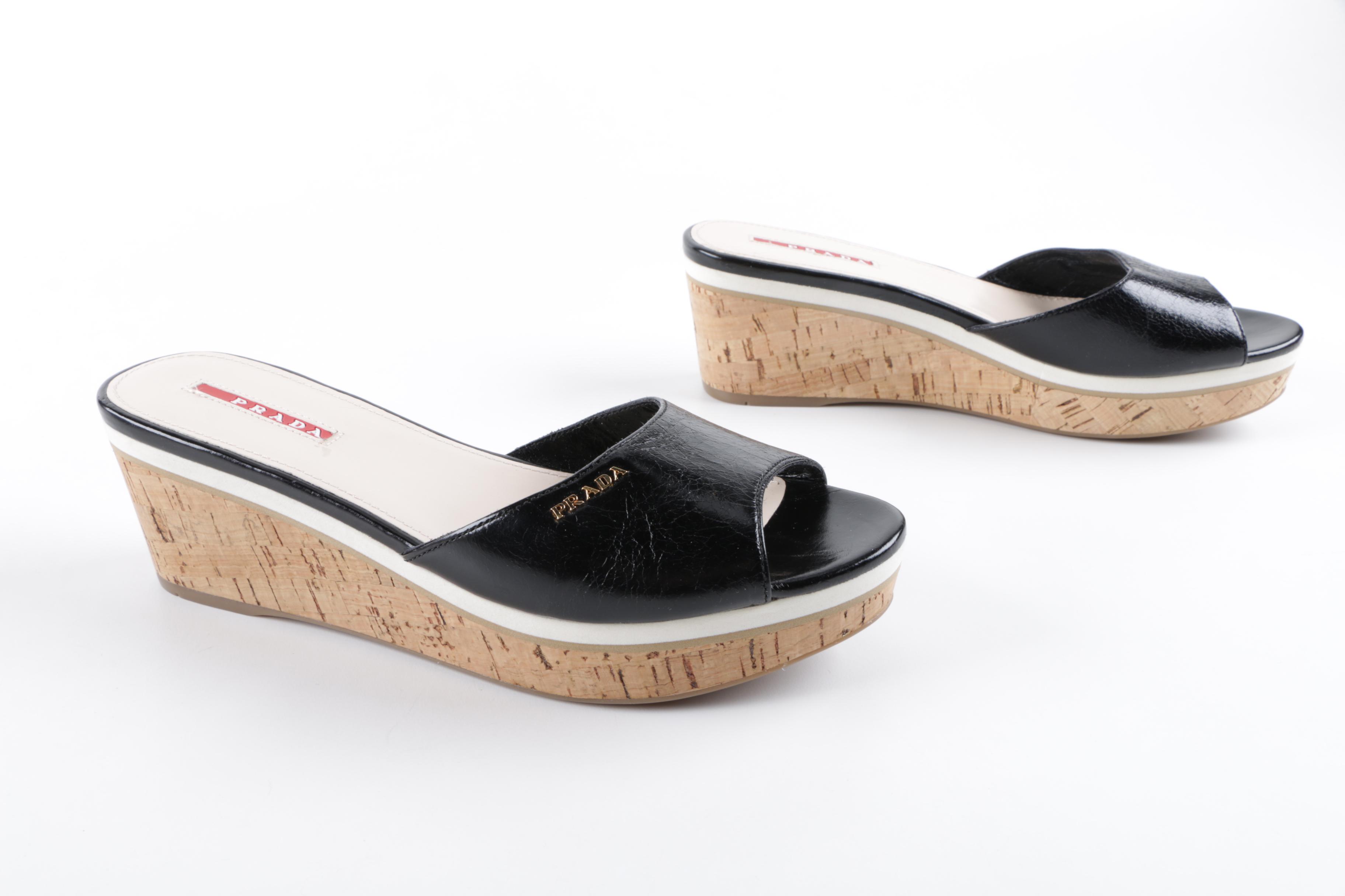 Prada Black Leather and Cork Wedge Slides