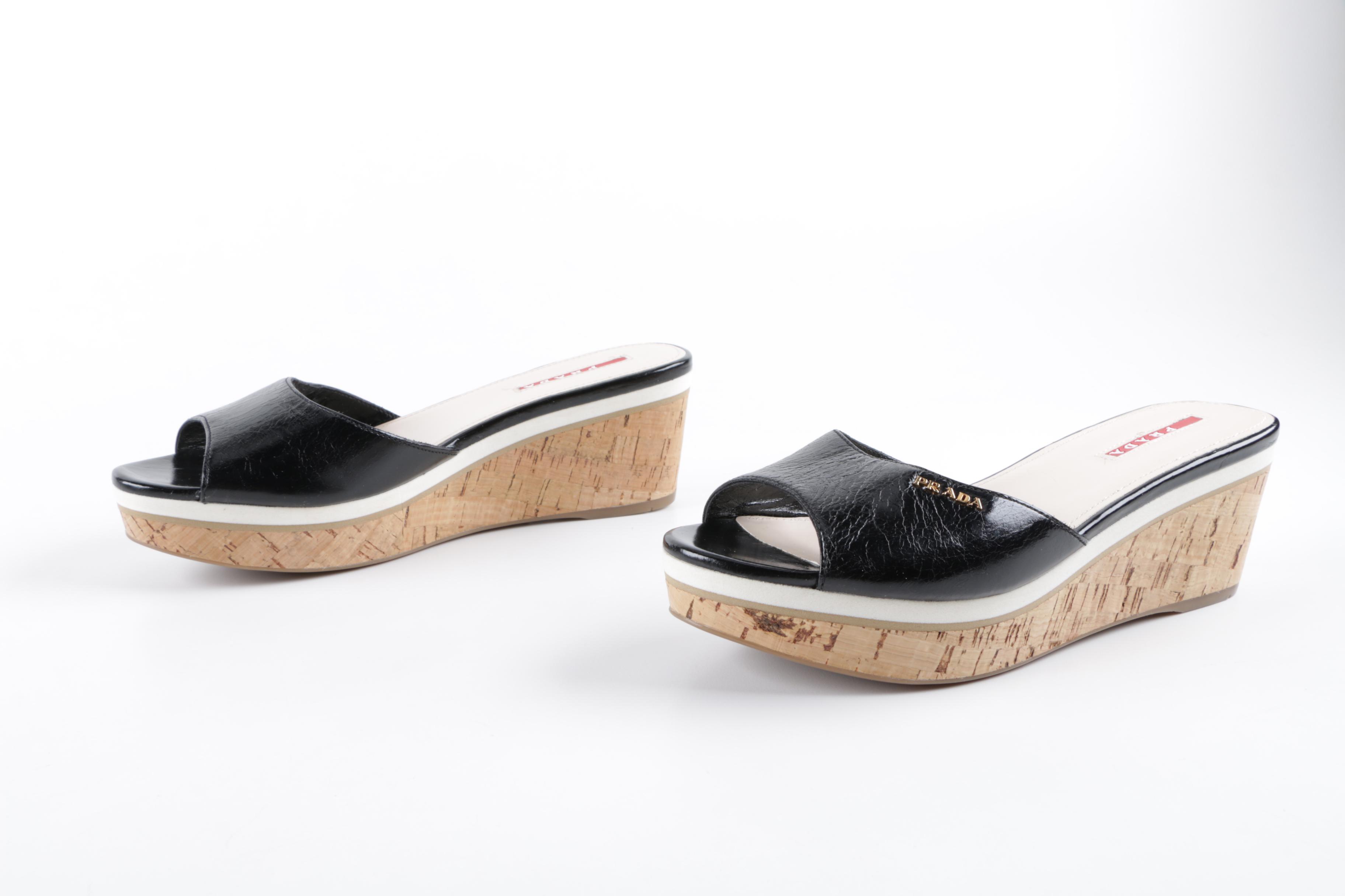 Prada Black Leather and Cork Wedge Slides