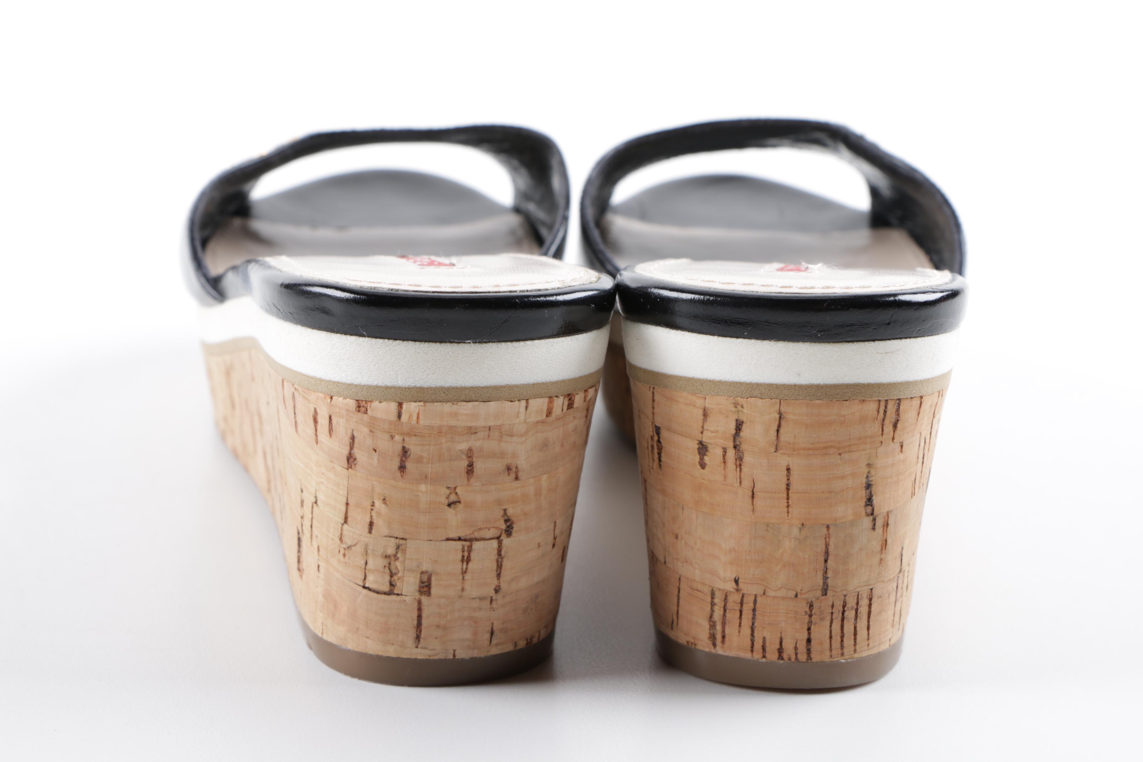 Prada Black Leather and Cork Wedge Slides