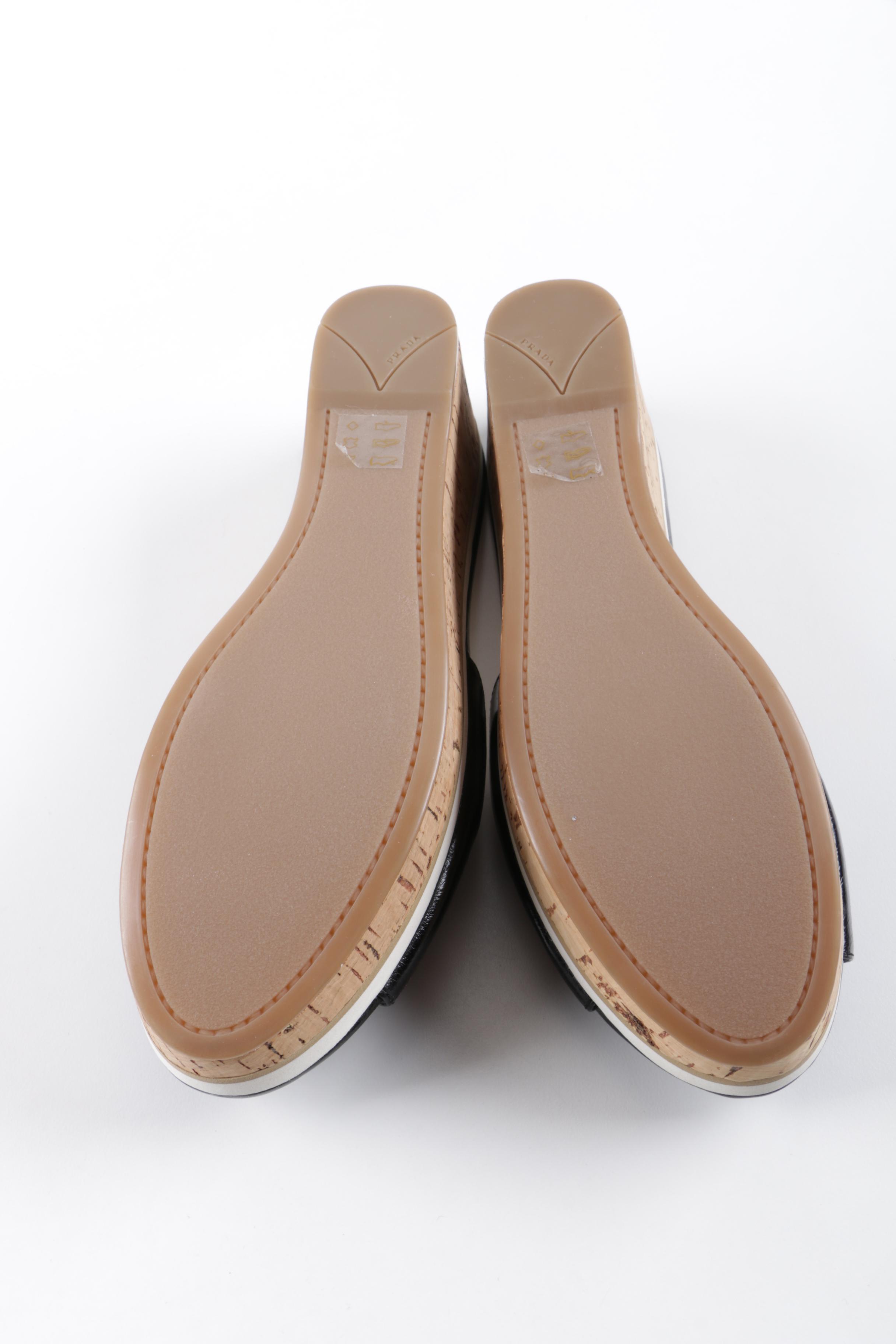 Prada Black Leather and Cork Wedge Slides