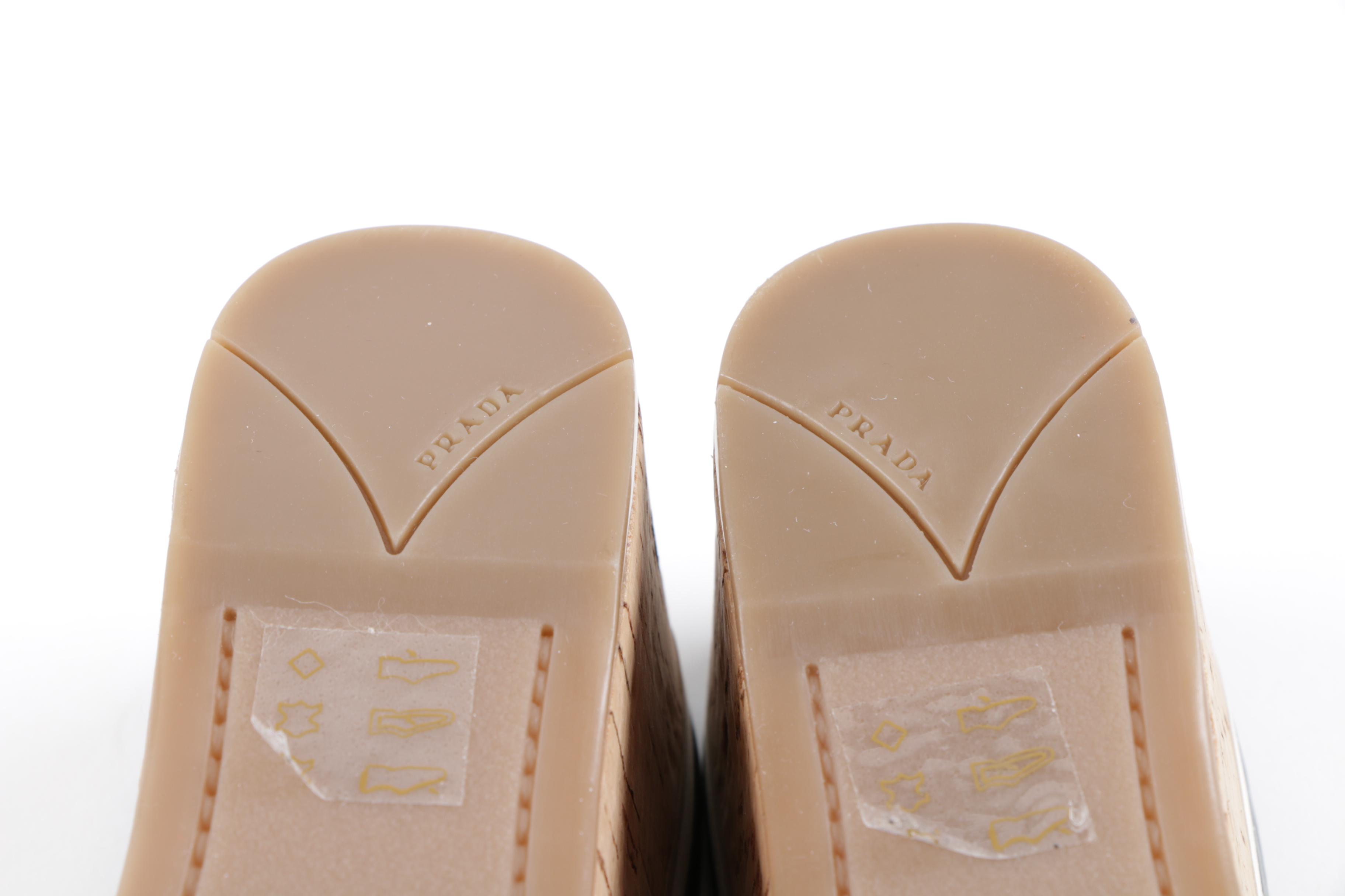 Prada Black Leather and Cork Wedge Slides