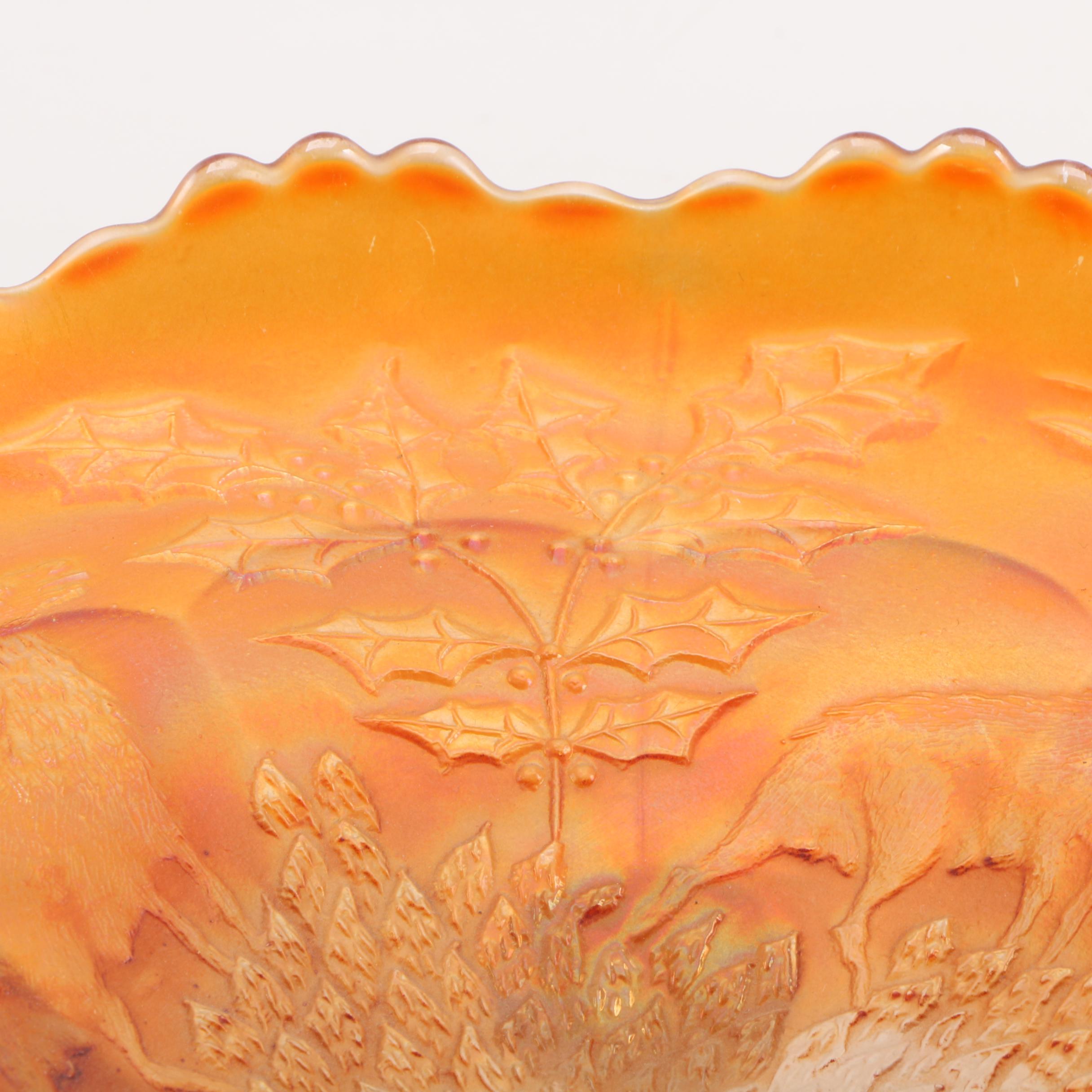Fenton "Stag and Holly" Marigold Carnival Dish, Circa 1912