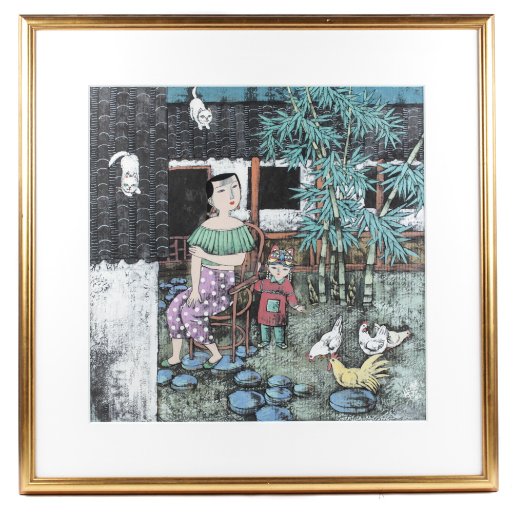 Chinese Gouache Painting of Woman and Child