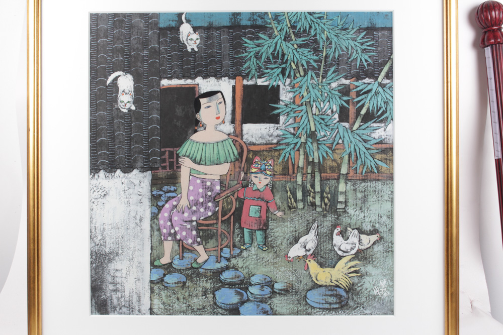 Chinese Gouache Painting of Woman and Child