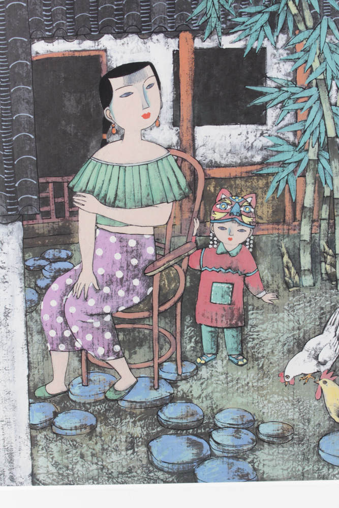 Chinese Gouache Painting of Woman and Child