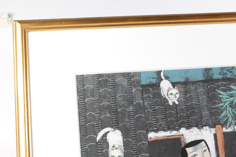 Chinese Gouache Painting of Woman and Child