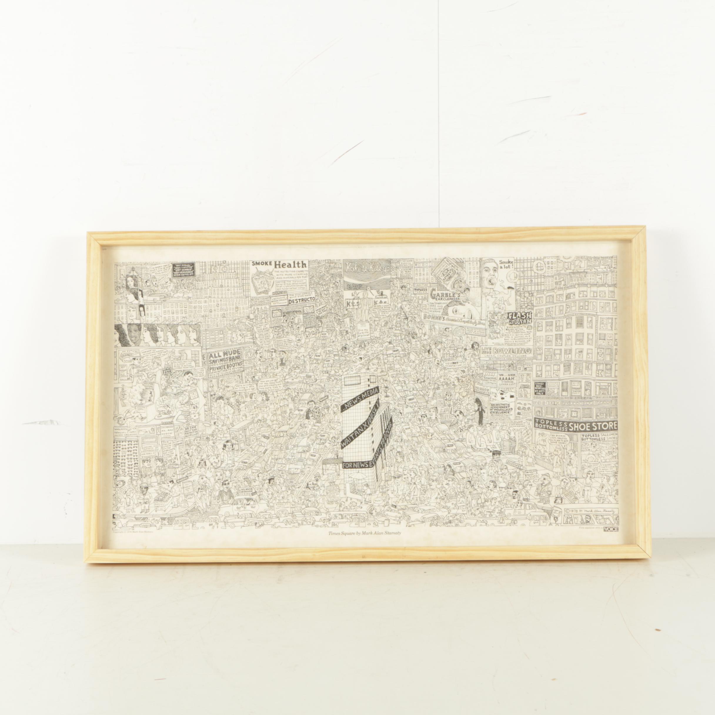 Lithograph Print on Paper After Mark Alan Stamaty "Times Square"