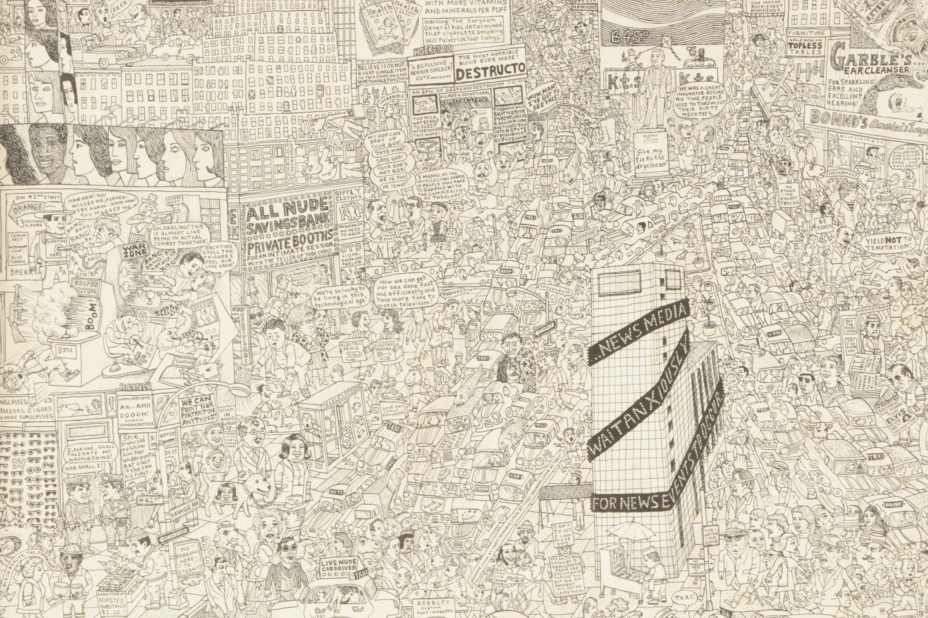 Lithograph Print on Paper After Mark Alan Stamaty "Times Square"