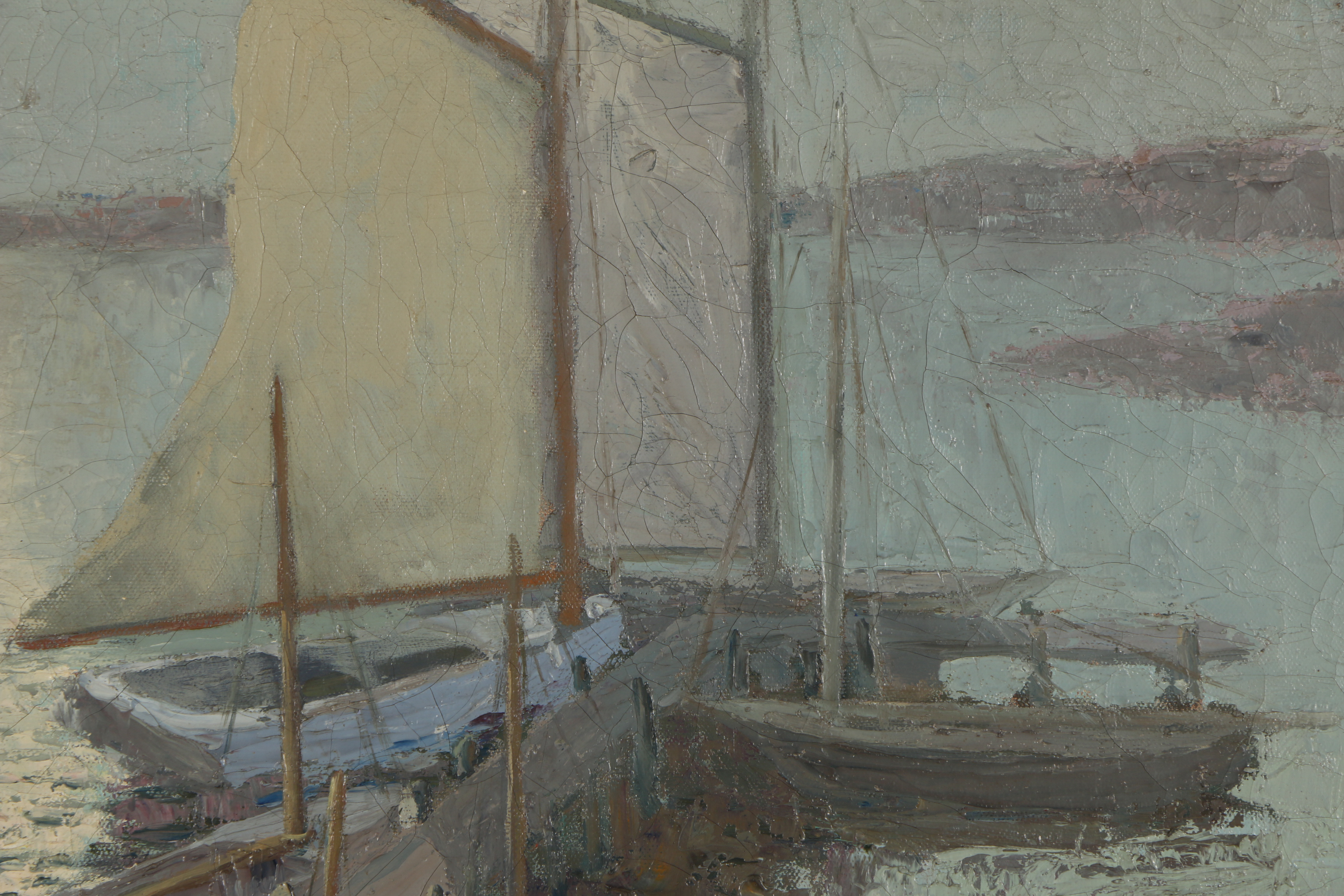 Vintage Oil Painting on Canvas of Boats at a Pier