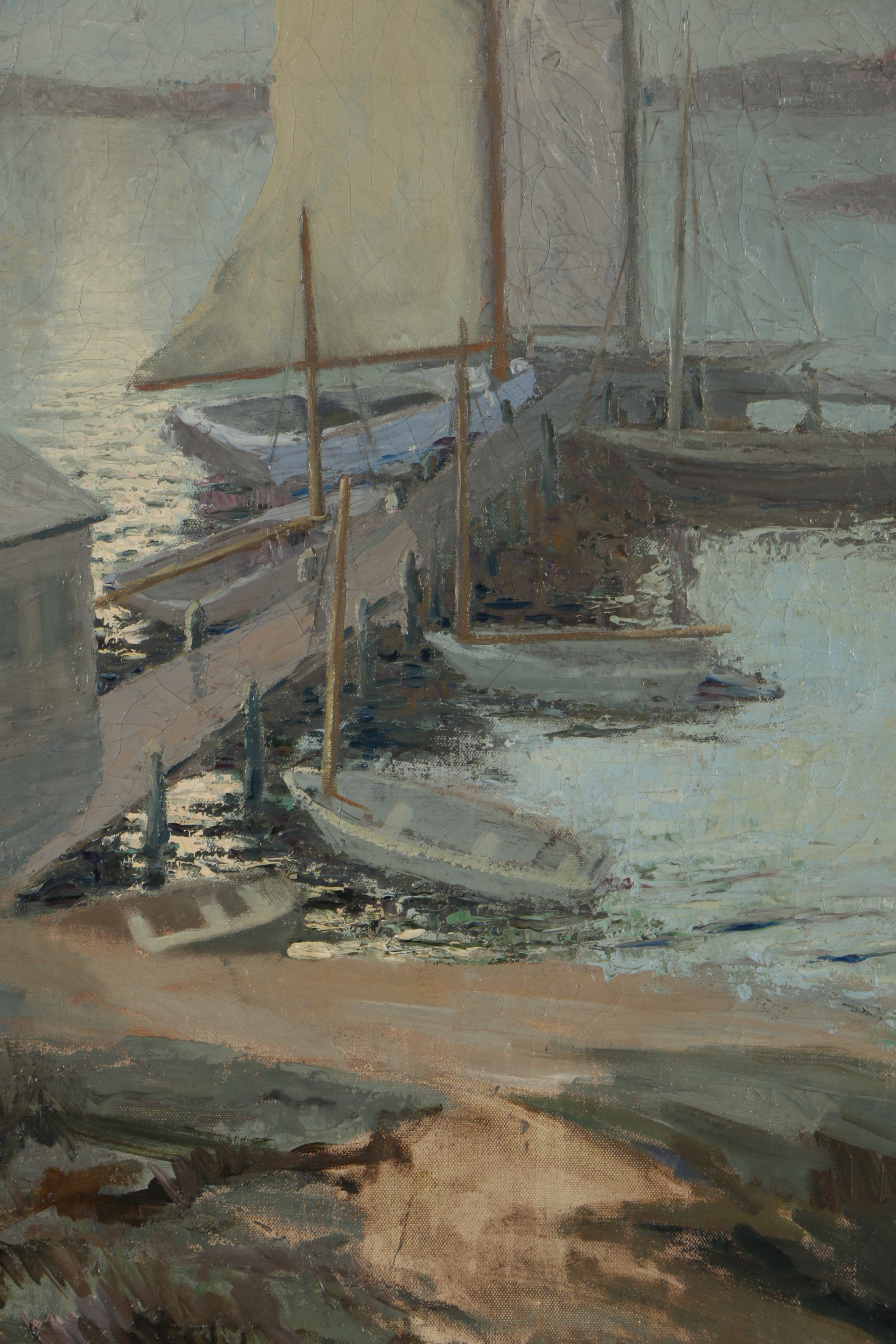 Vintage Oil Painting on Canvas of Boats at a Pier
