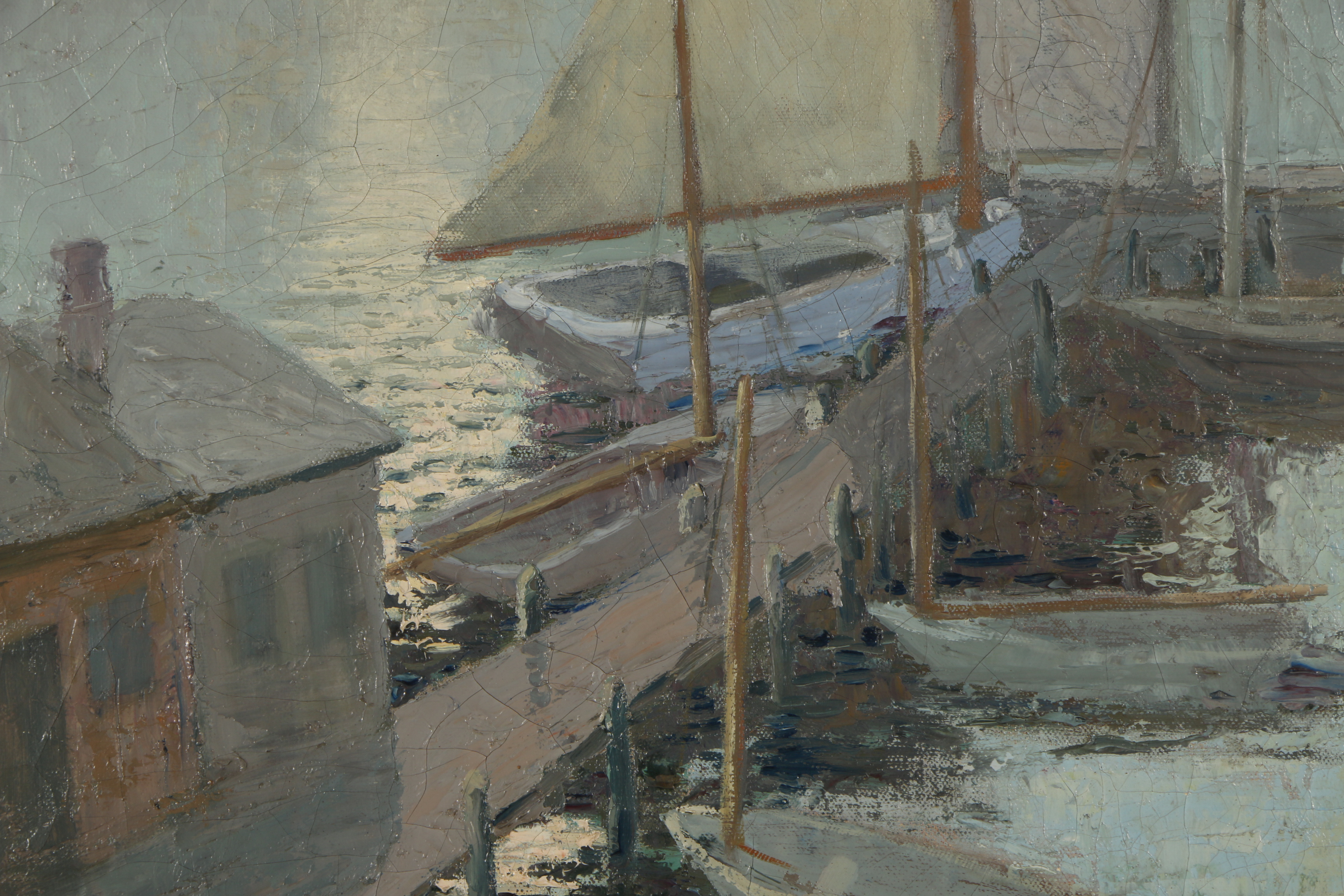 Vintage Oil Painting on Canvas of Boats at a Pier