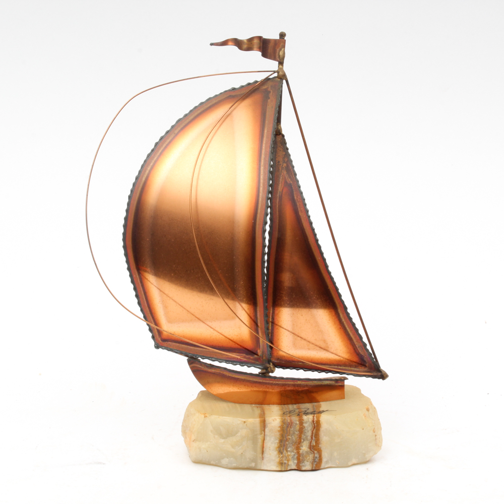 Brass and Copper Sailboat on an Agate Base