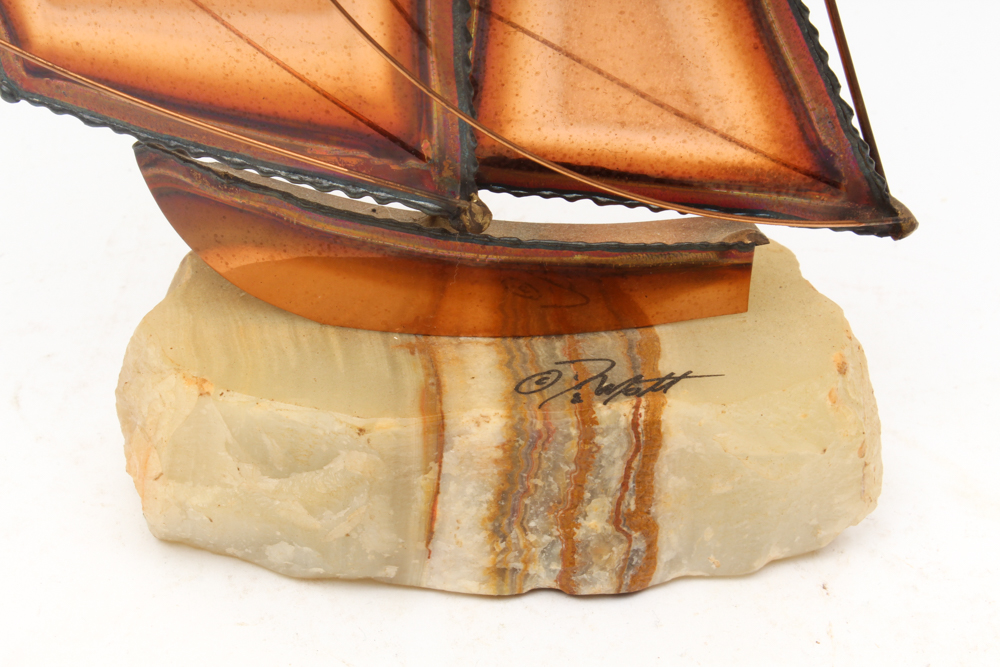 Brass and Copper Sailboat on an Agate Base