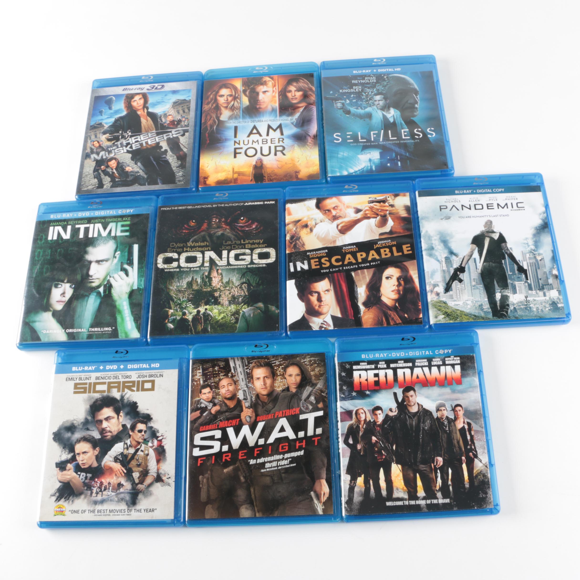 Collection of Action Film Blu-rays Including "Three Musketeers" and "Red Dawn"