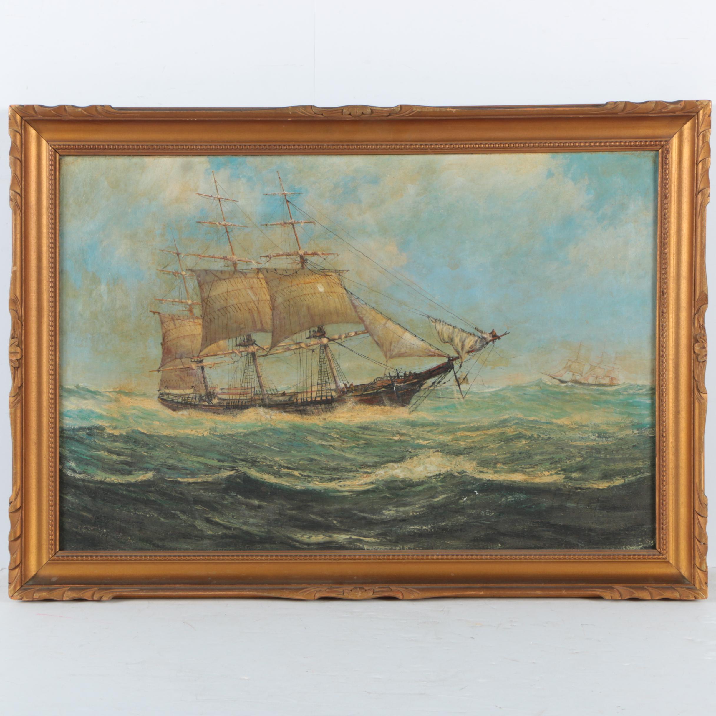 Oil Painting on Canvas of a Square Rigged Brig at Sea