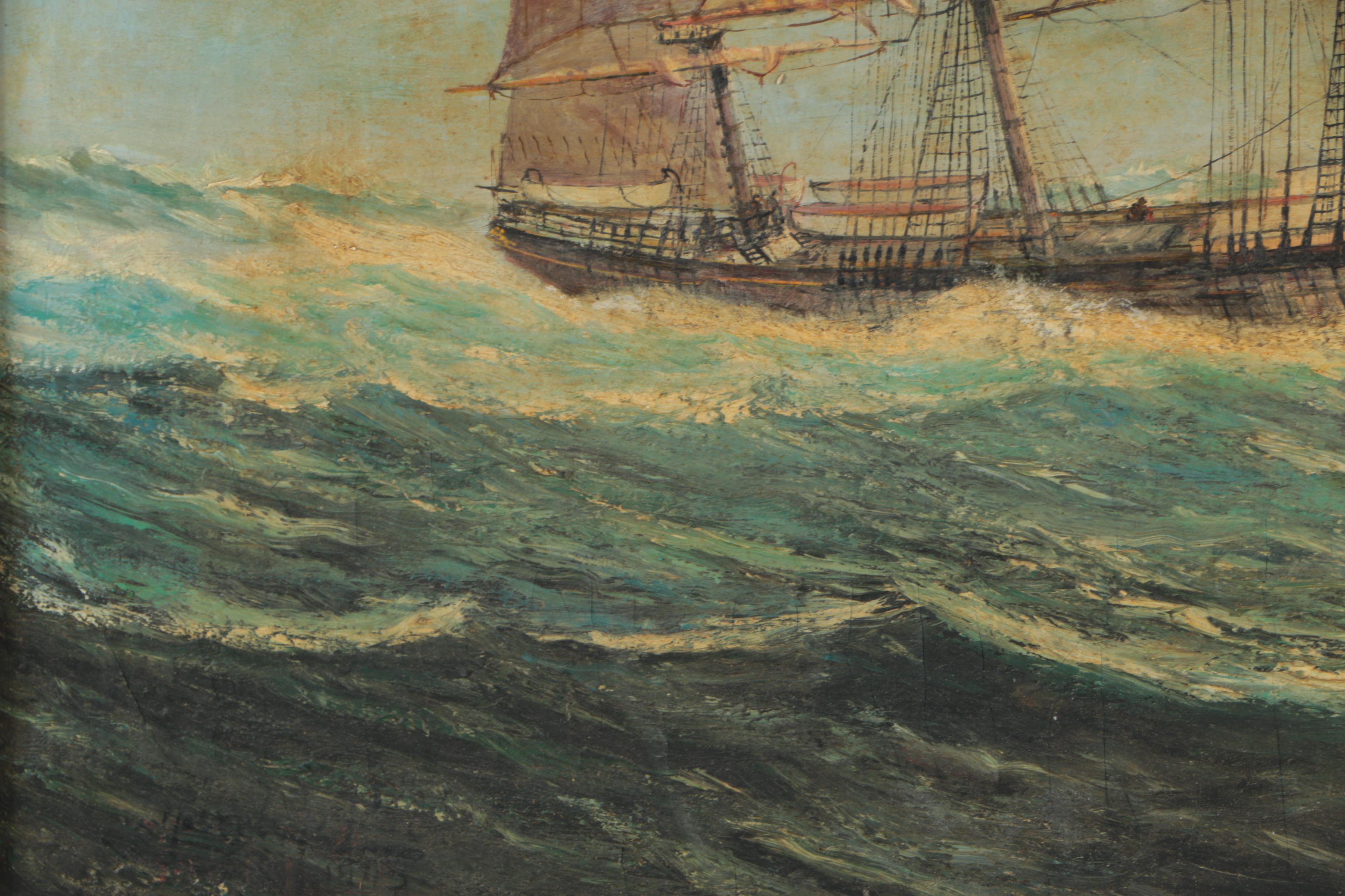 Oil Painting on Canvas of a Square Rigged Brig at Sea