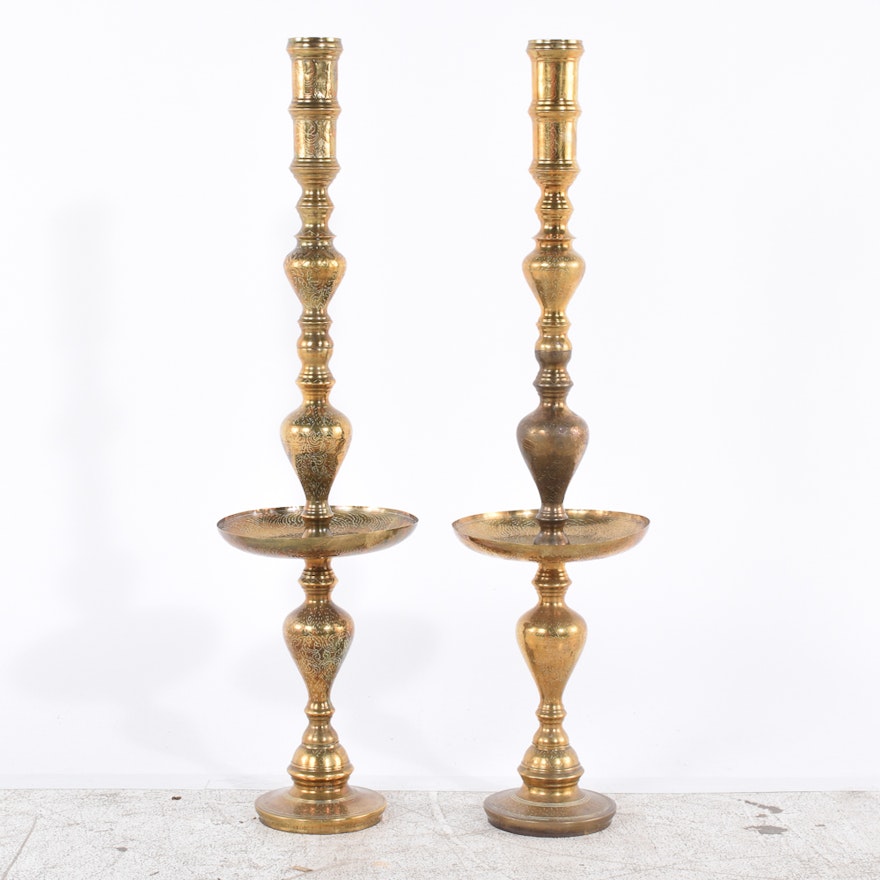 Tall Etched Brass Altar Candlesticks