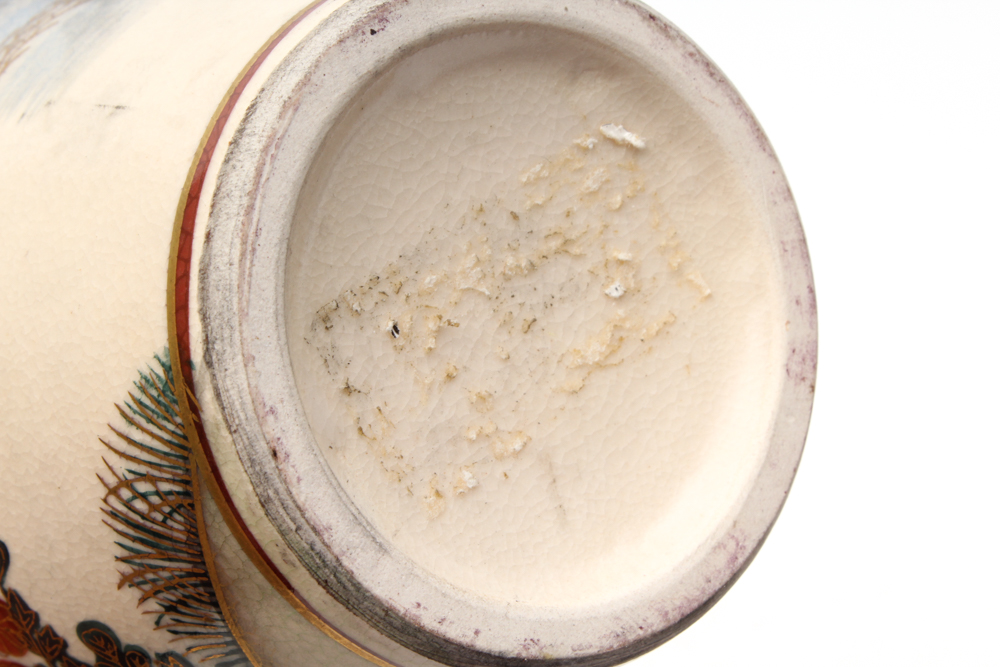 Japanese Satsuma Peacock and Peony Covered Stoneware Vase