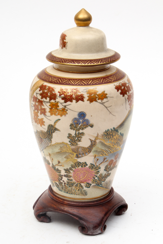 Japanese Satsuma Peacock and Peony Covered Stoneware Vase